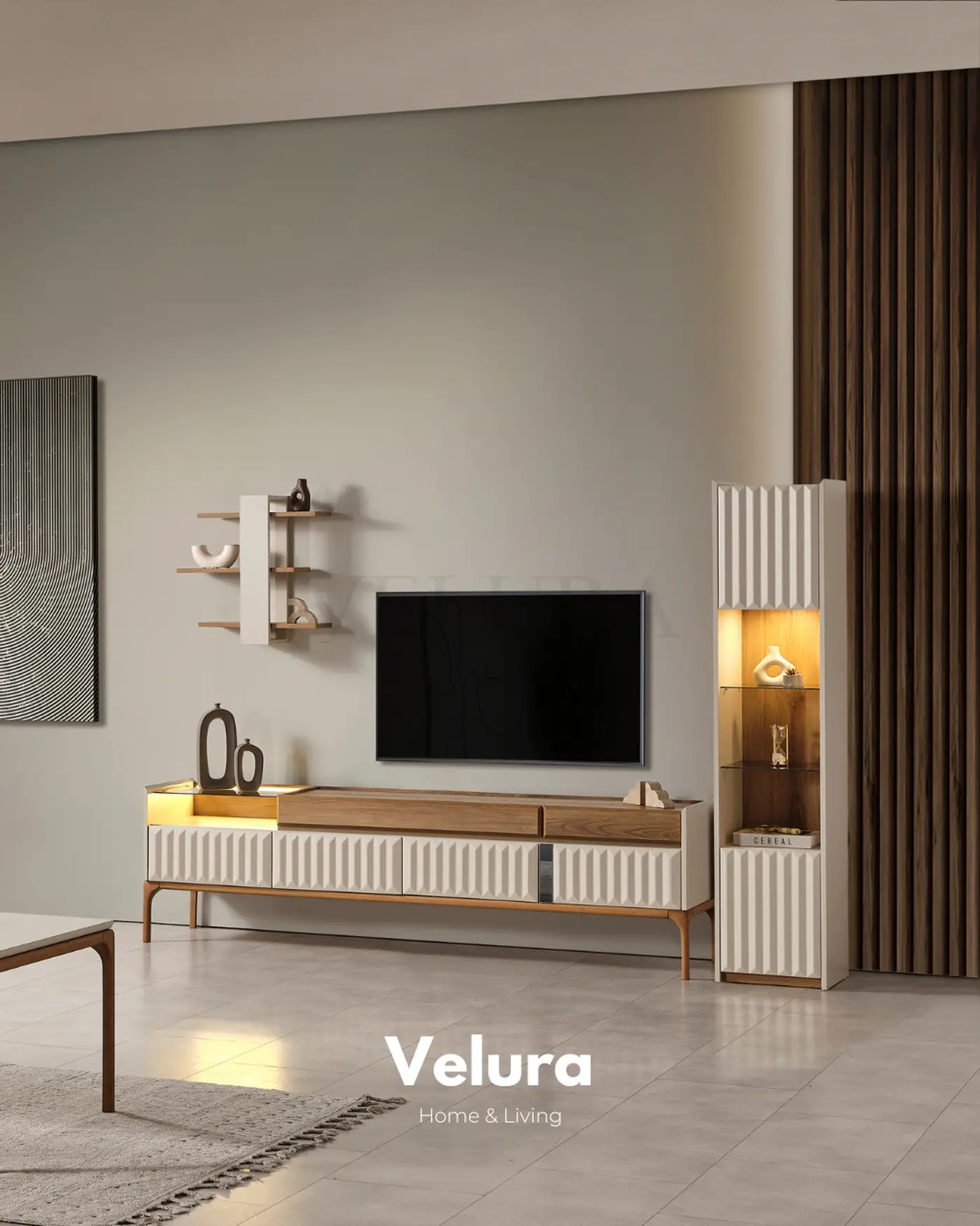 Alfa tv ünitesi krem modern 212 cm genişlik 2 çekmeceli 4 kapaklı