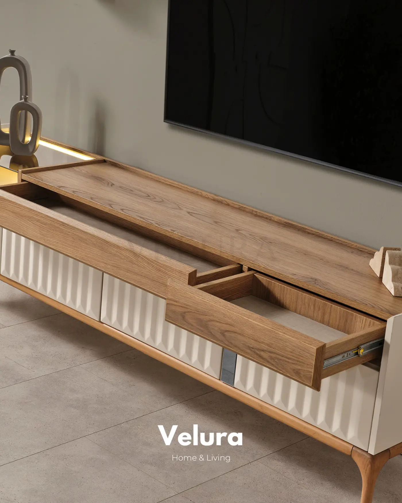 Alfa tv ünitesi krem modern 212 cm genişlik 2 çekmeceli 4 kapaklı