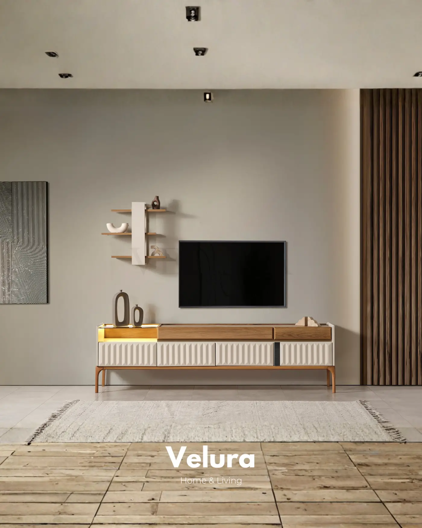 Alfa tv ünitesi krem modern 212 cm genişlik 2 çekmeceli 4 kapaklı