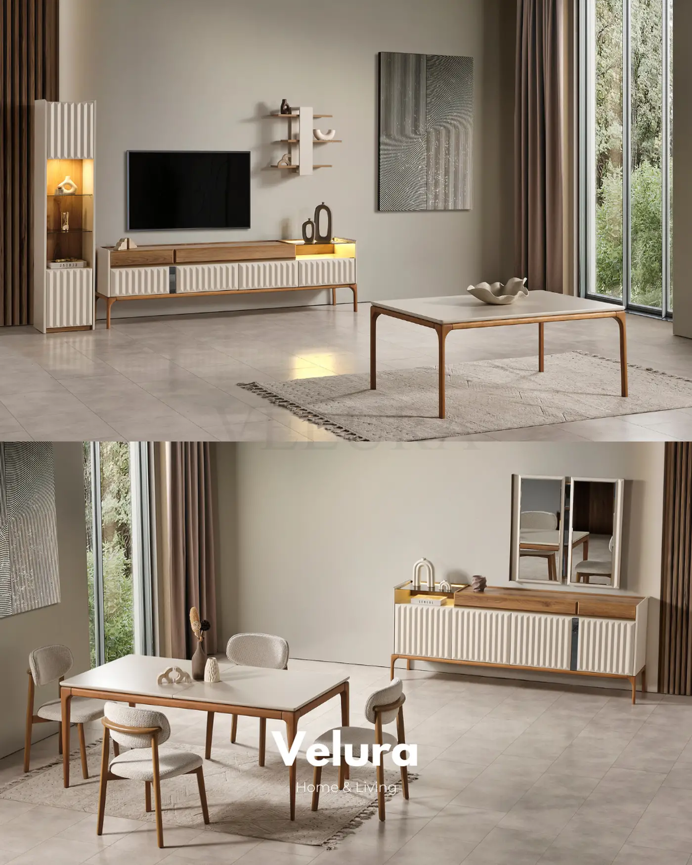 Alfa tv ünitesi krem modern 212 cm genişlik 2 çekmeceli 4 kapaklı