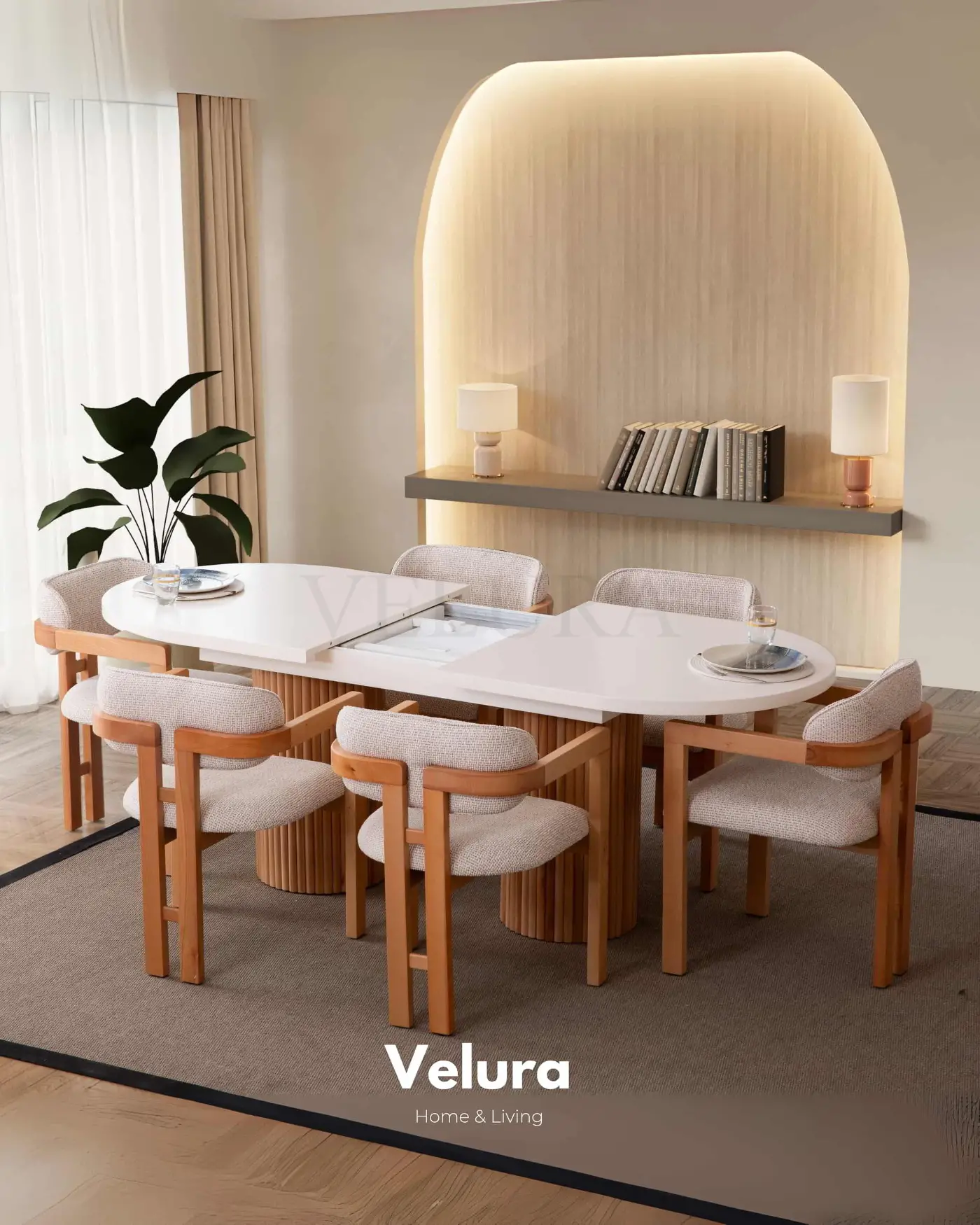 Almina Yemek Masası - Açılabilir Beyaz Tabla ve Ceviz Çıtalı Ayak Tasarımı