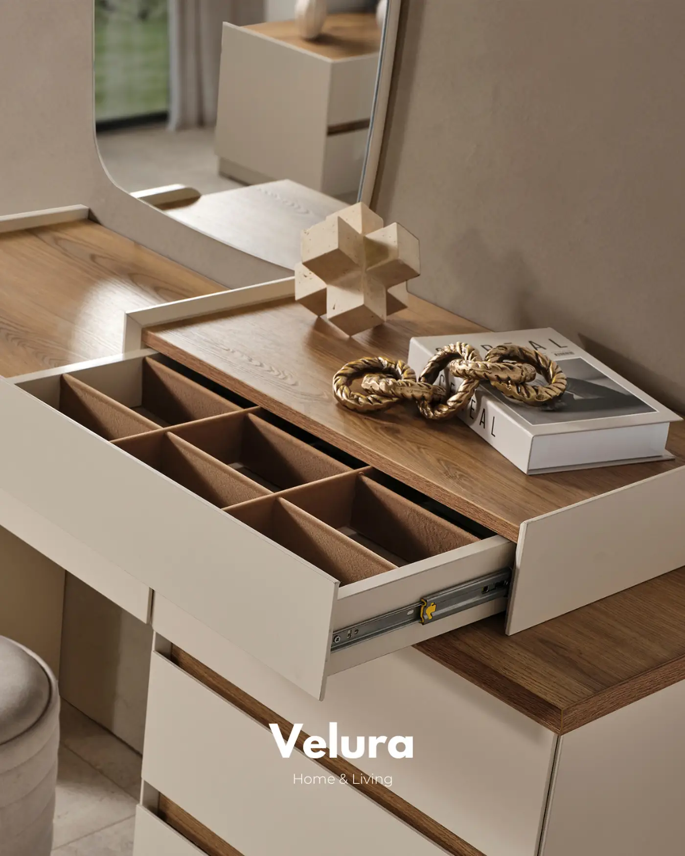 Aura şifonyer krem modern suntalam 3 çekmeceli 1 kapaklı takı çekmeceli