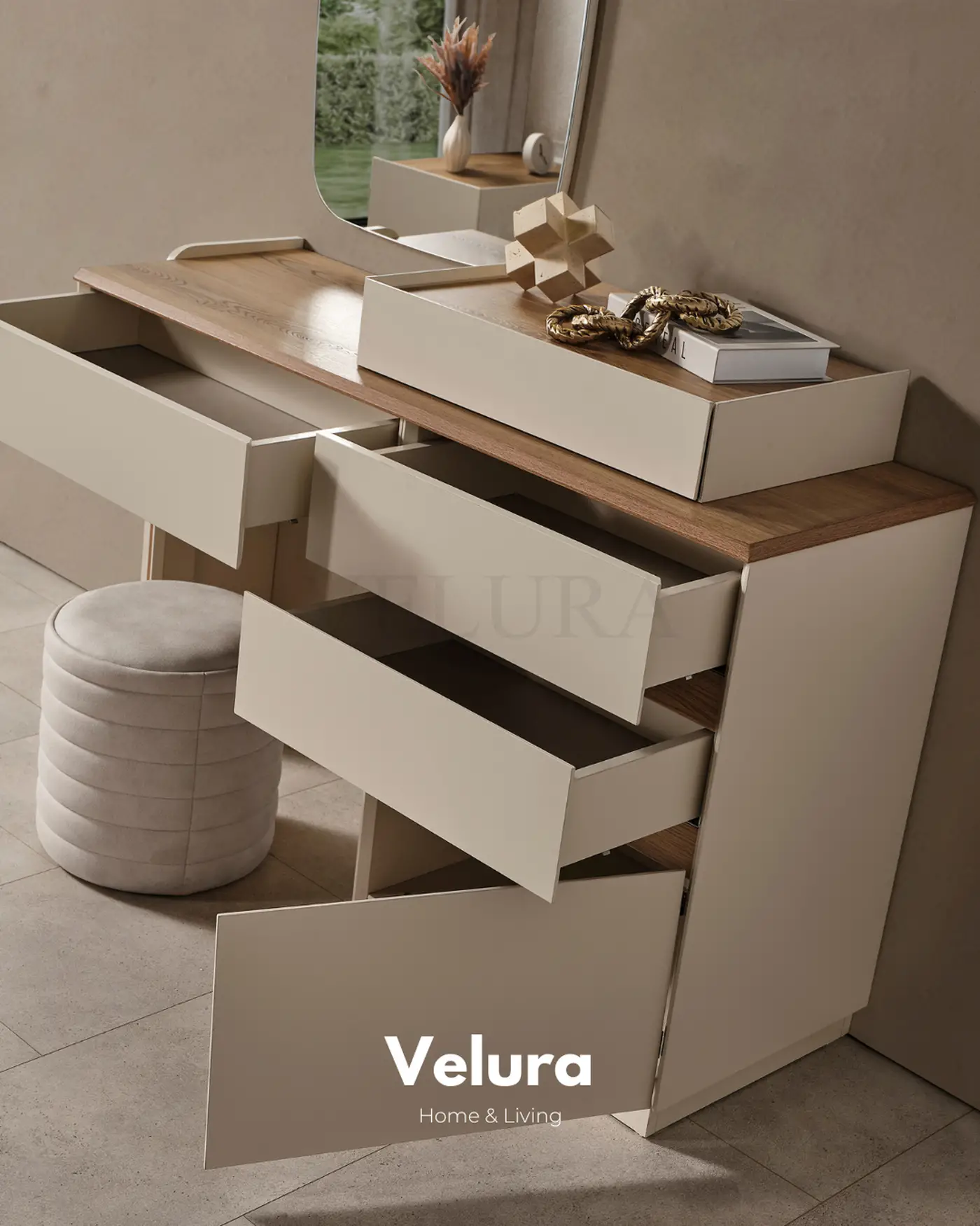 Aura şifonyer krem modern suntalam 3 çekmeceli 1 kapaklı takı çekmeceli