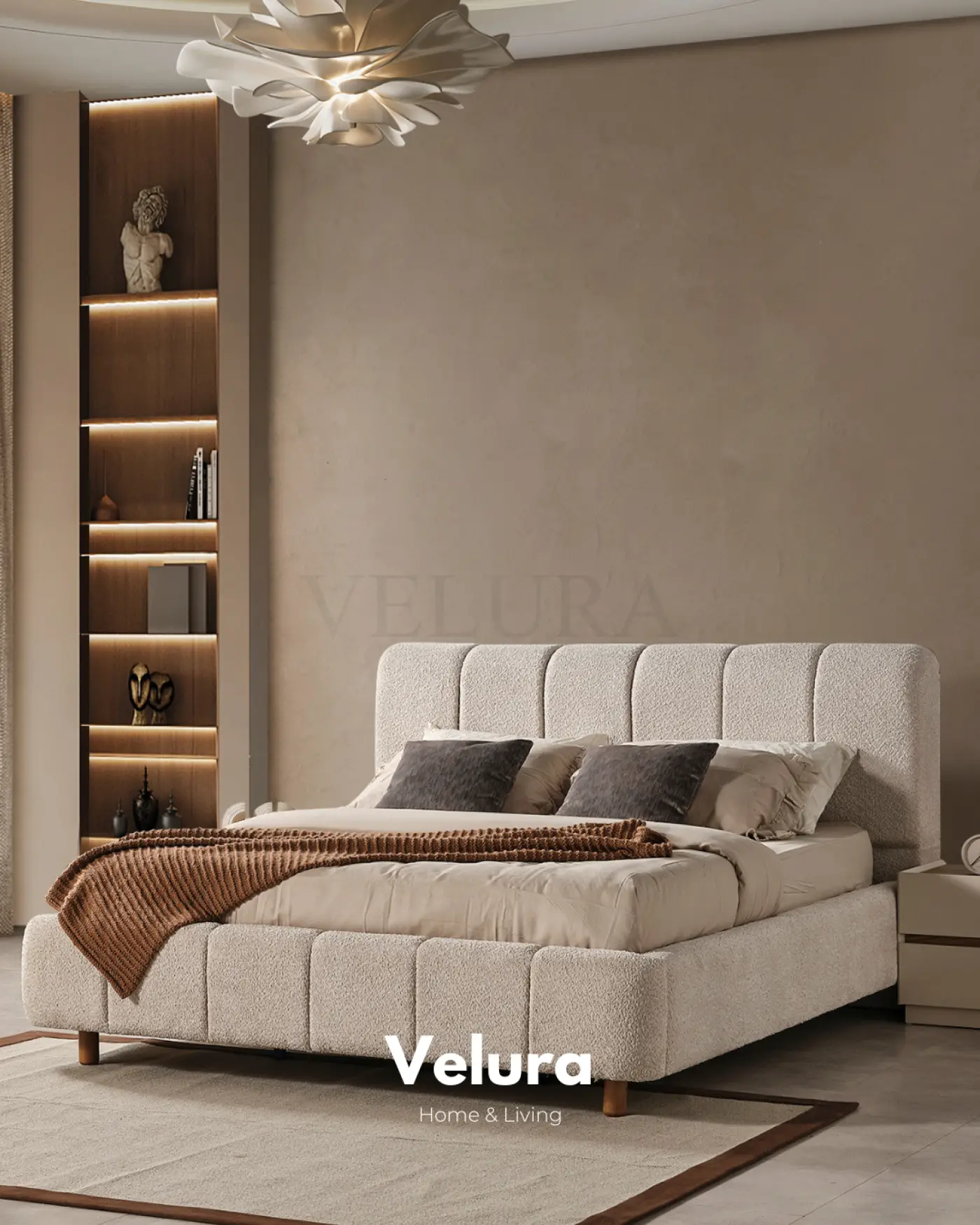 Aura karyola krem modern dokuma kumaş 181 cm genişlik 215 cm derinlik