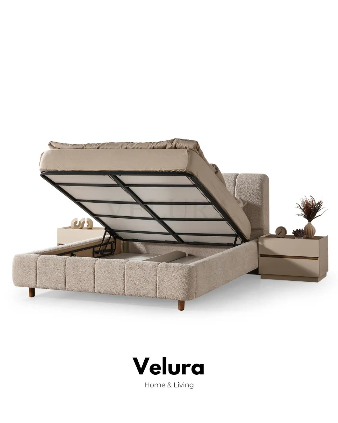 Aura karyola krem modern dokuma kumaş 181 cm genişlik 215 cm derinlik