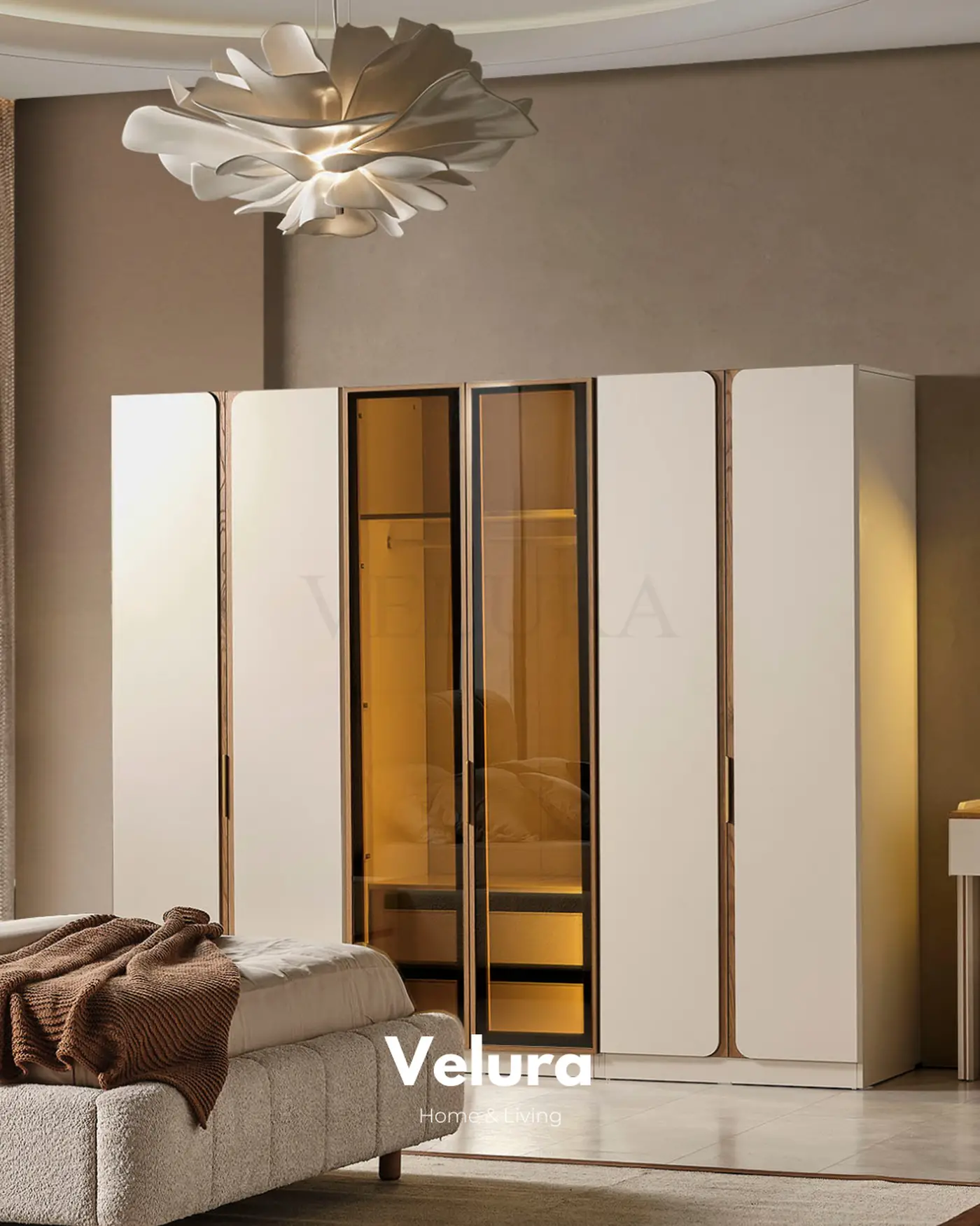 Aura yatak odası takımı krem modern modüler dolap karyola komodin şifonyer