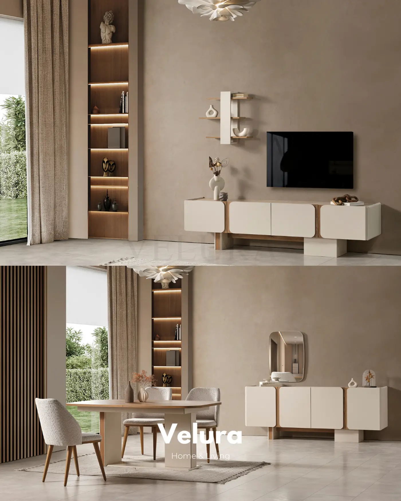 Aura yemek odası takımı krem modern açılabilir masa konsol tv ünitesi set