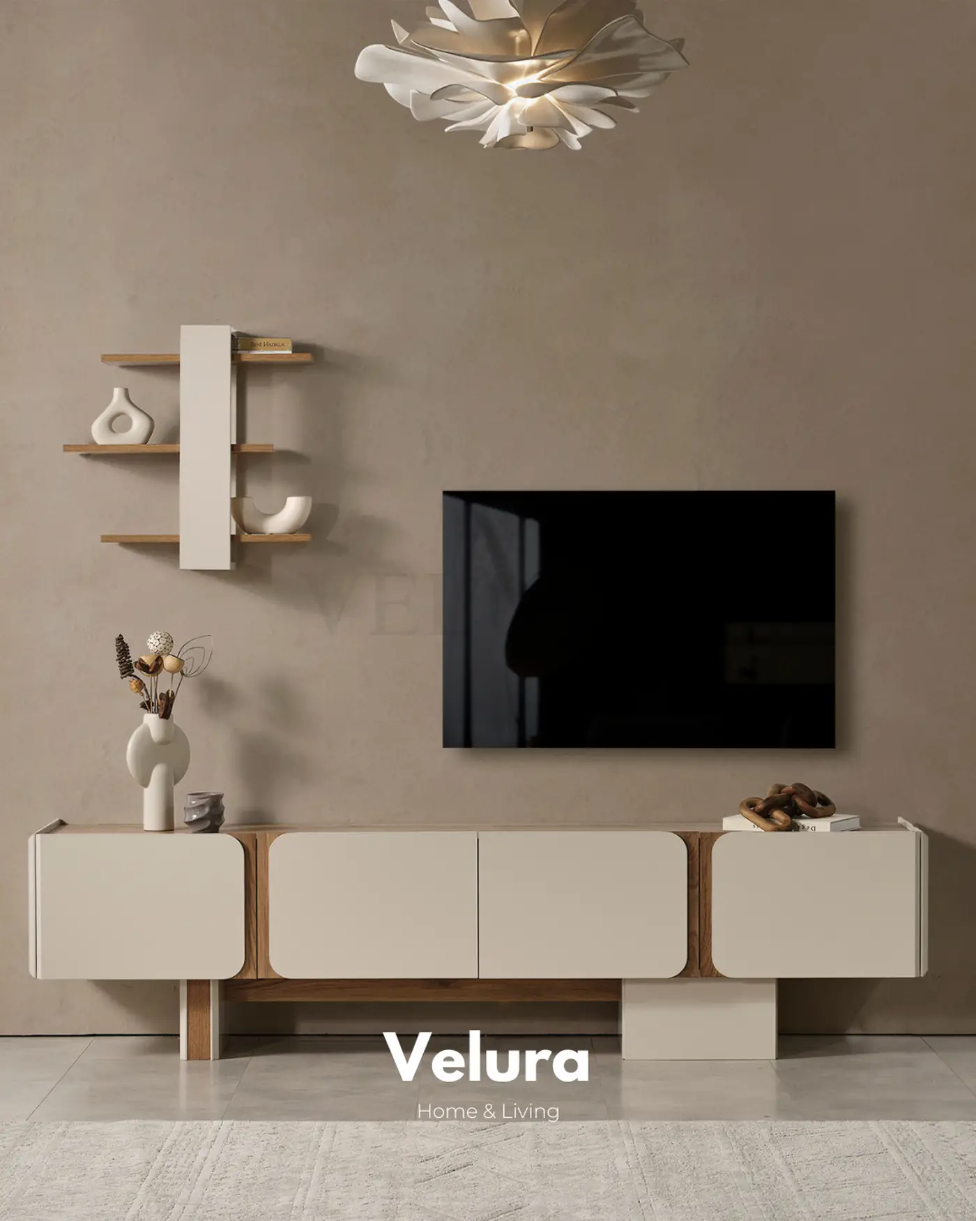 Aura yemek odası takımı krem modern açılabilir masa konsol tv ünitesi set