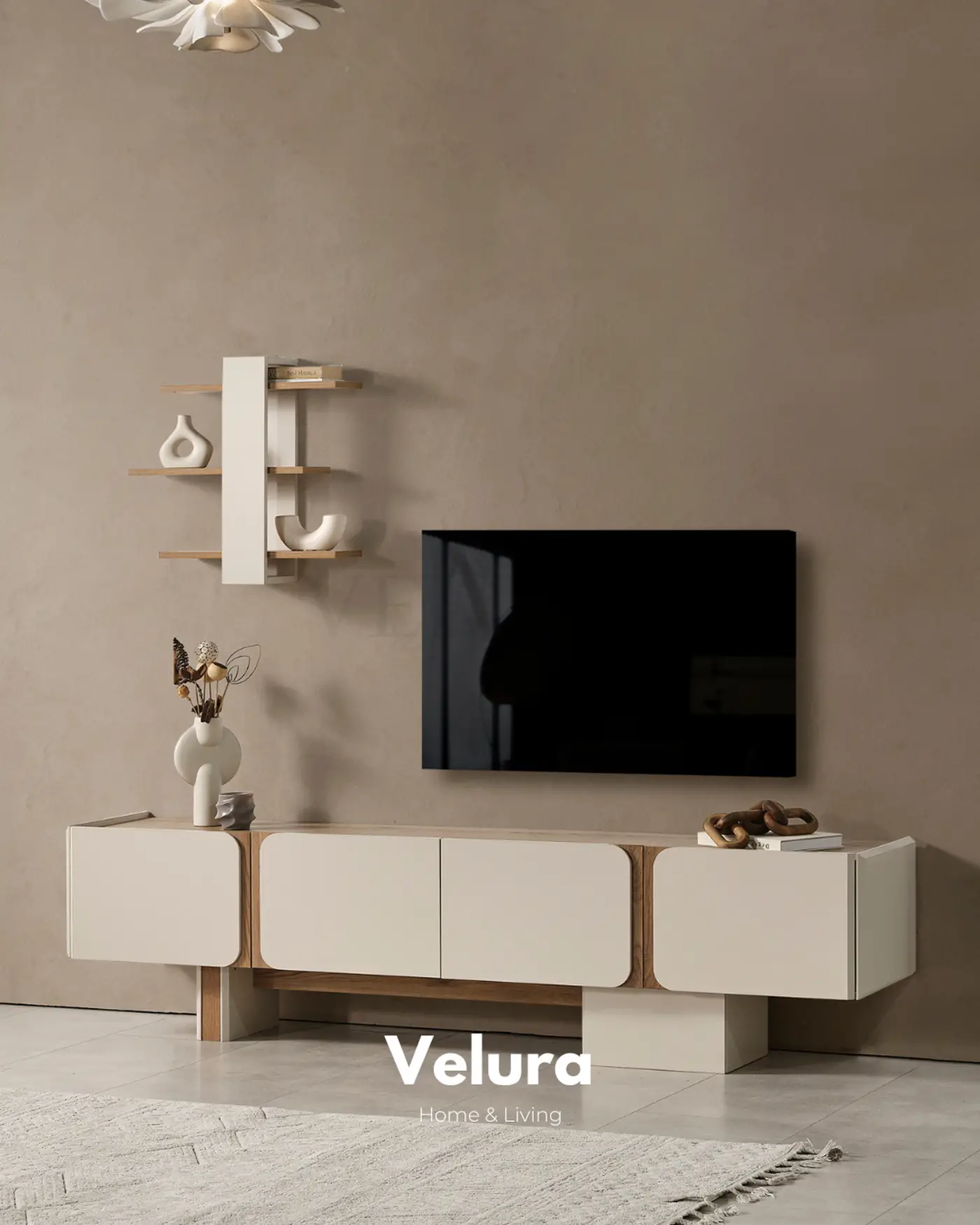 Aura tv ünitesi modeli krem renk modern tv duvarı dekorasyonu