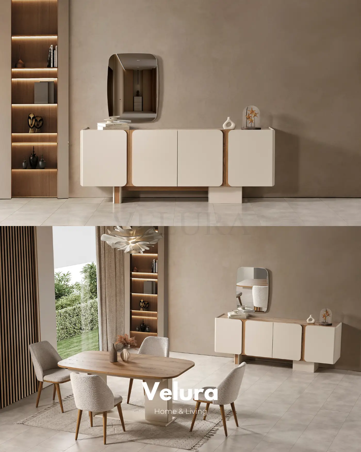 Aura yemek odası takımı krem modern açılabilir masa konsol tv ünitesi set