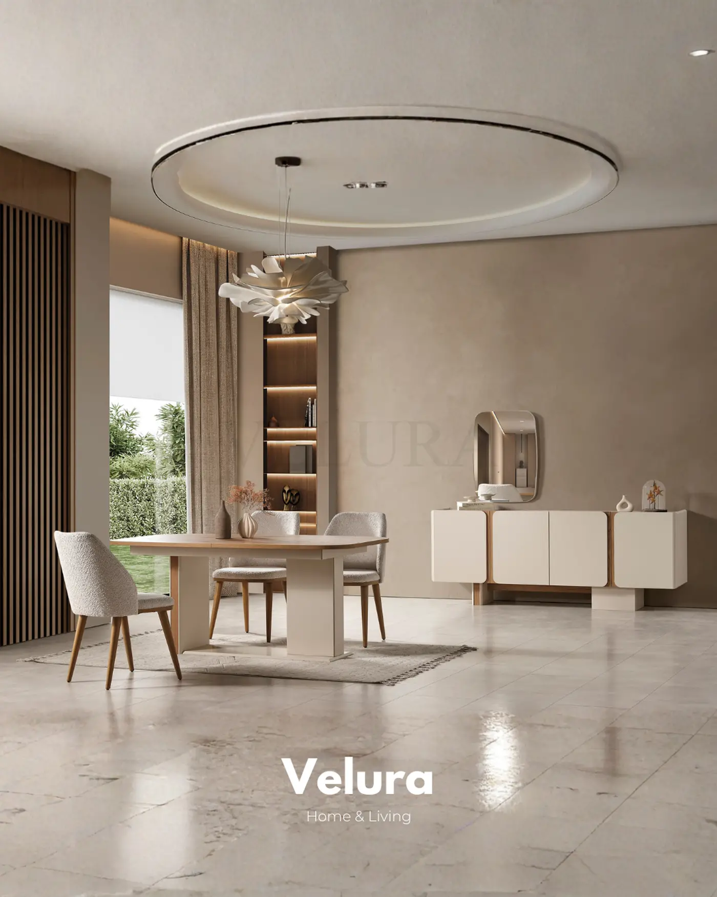 Aura yemek odası takımı krem modern açılabilir masa konsol tv ünitesi set