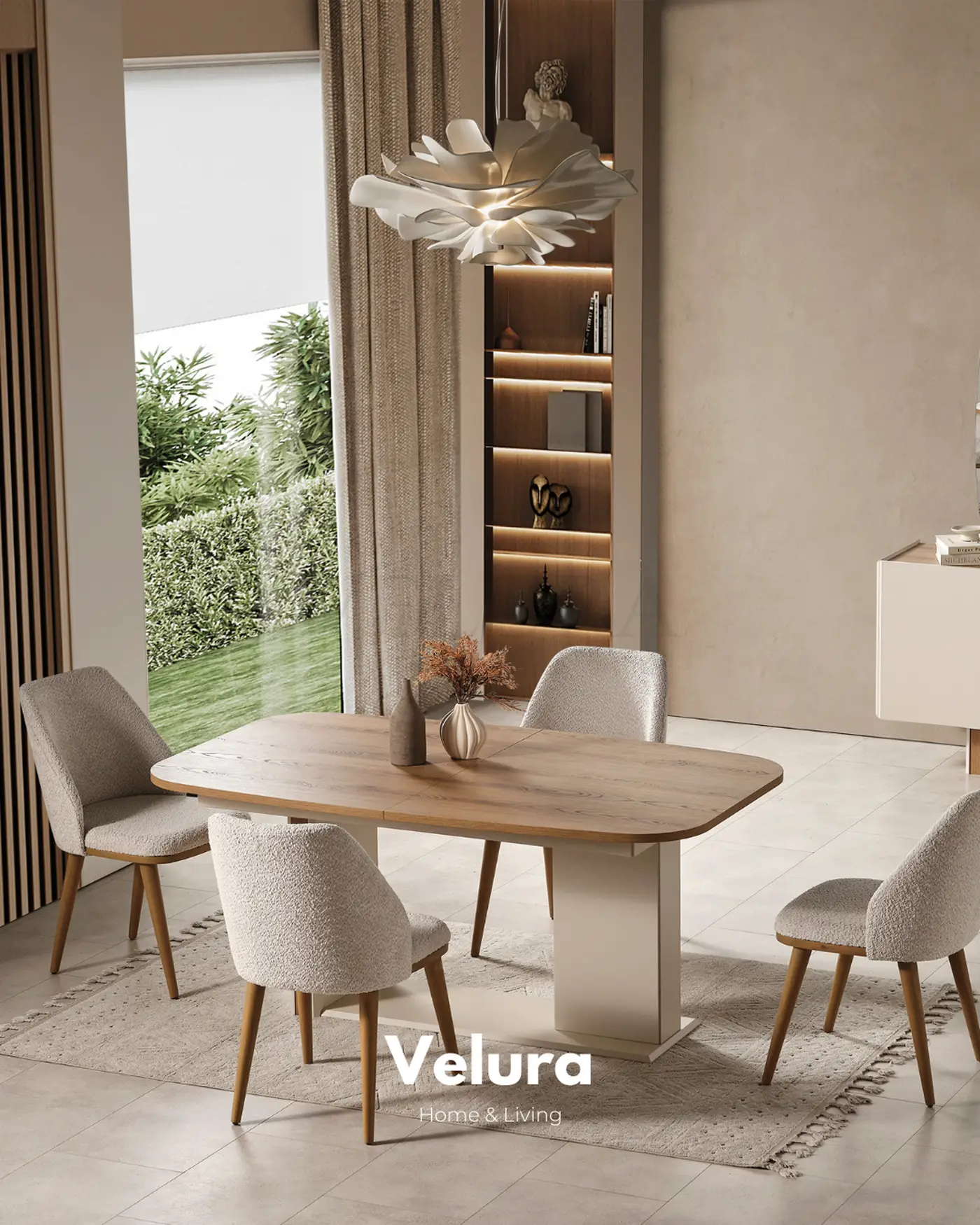 Aura yemek odası takımı krem modern açılabilir masa konsol tv ünitesi set