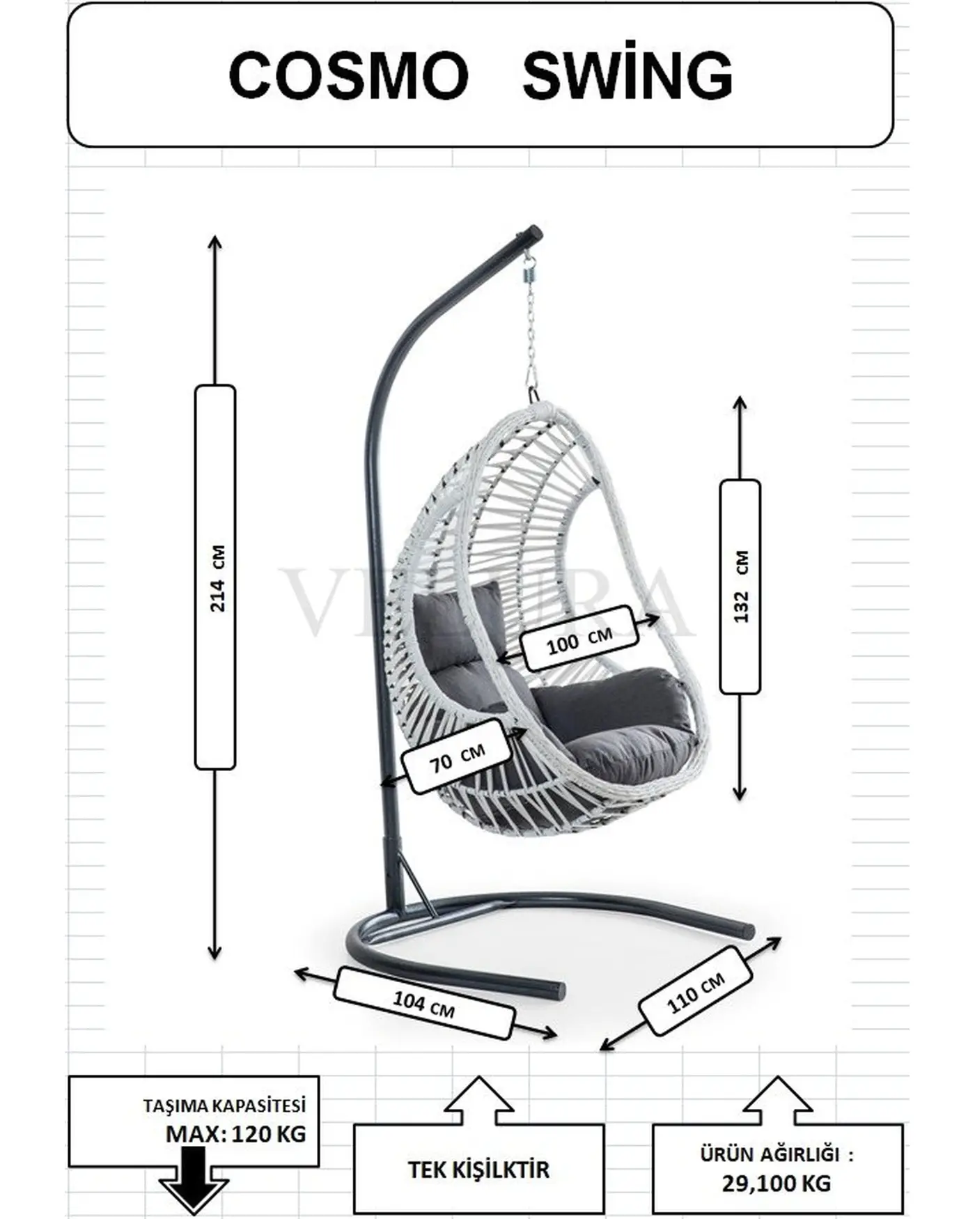 Cosmo Bahçe Salıncağı - Beyaz Rattan Gri Minder Metal İskeletli Bahçe Salıncağı