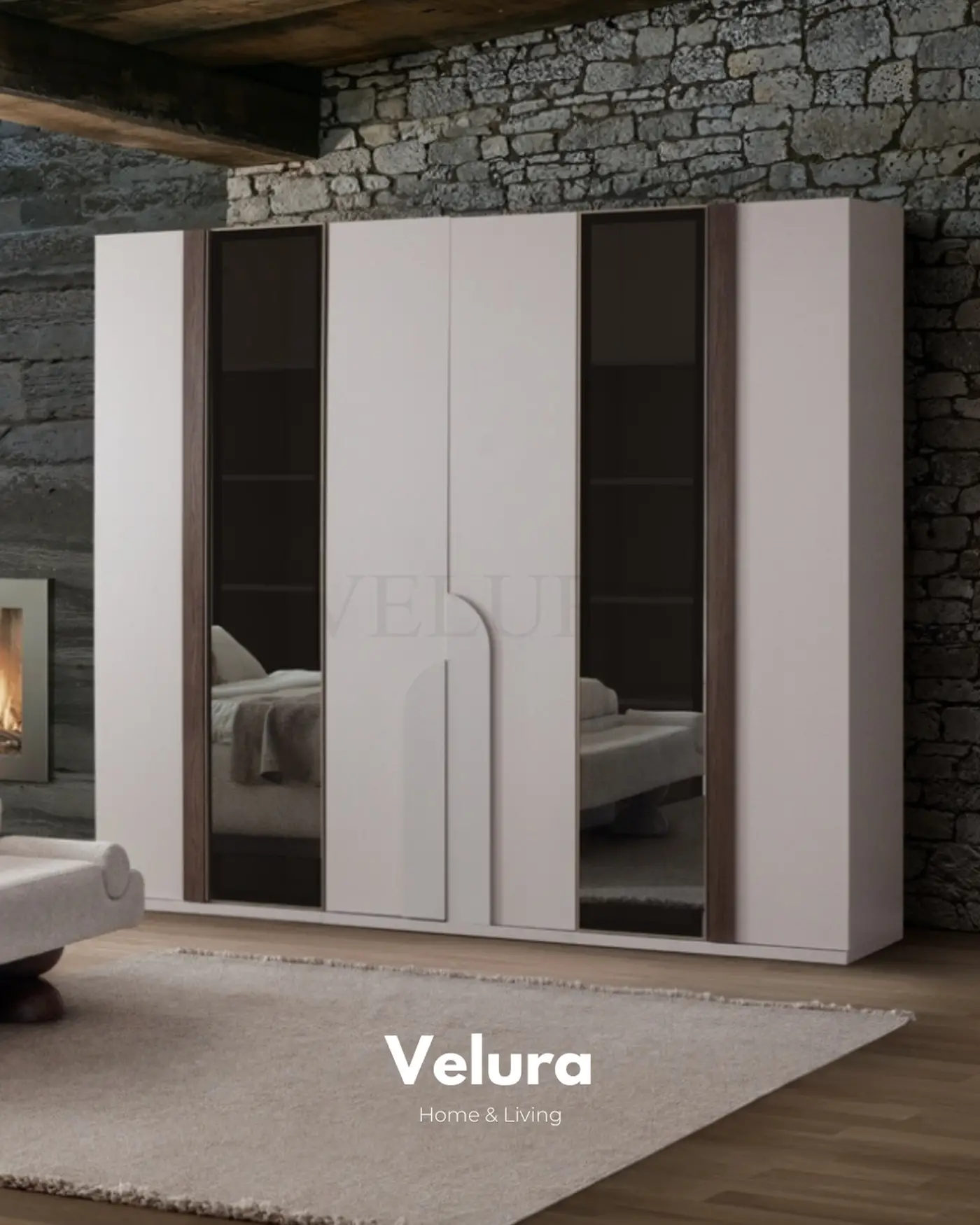 Estella beyaz 6 kapılı gardırop 3 modüllü 2 reflektif 1 ahşap modül