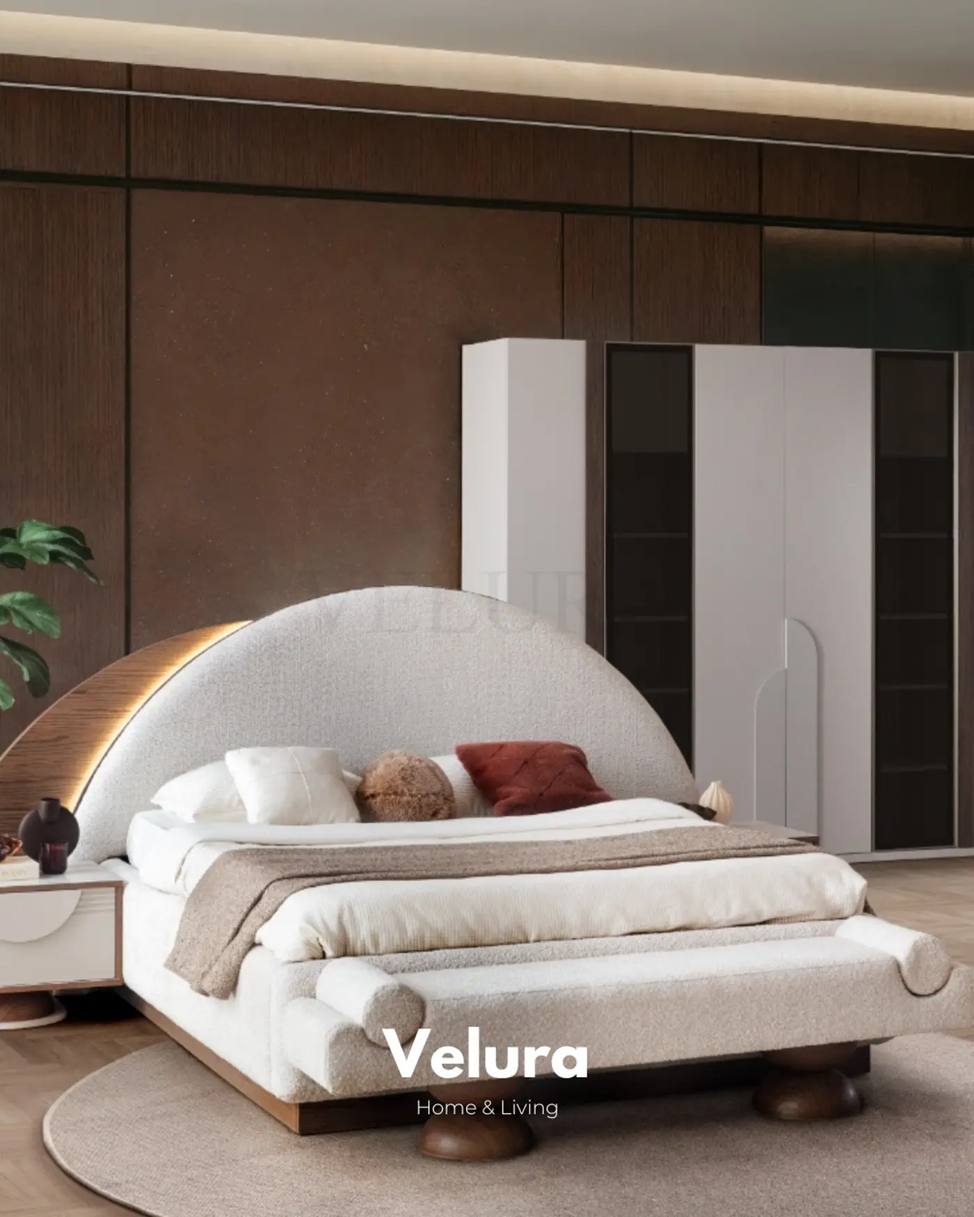 Estella krem karyola dokuma kumaş detaylı modern yatak odası karyolası