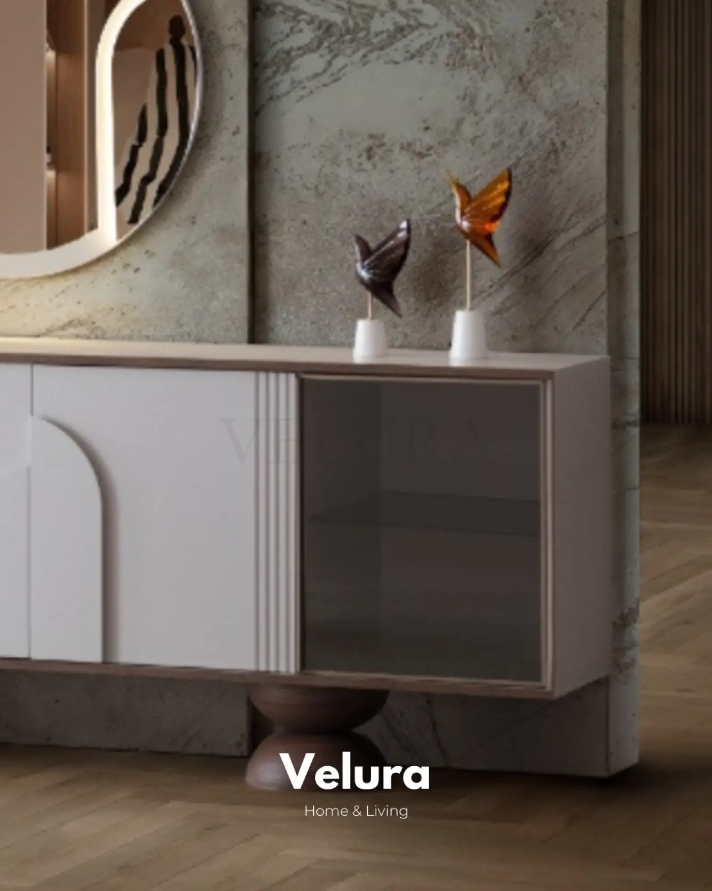 Estella Konsol beyaz modern ahşap ayaklı 4 kapaklı 2 cam kapak 208x45,2x83