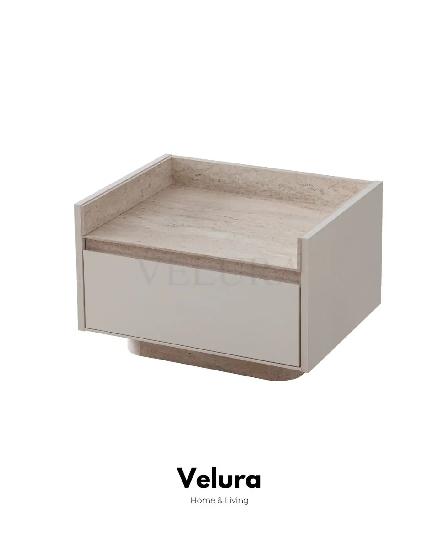 Flora Komodin – Kırık beyaz, traverten ayaklı, tek çekmeceli modern komodin
