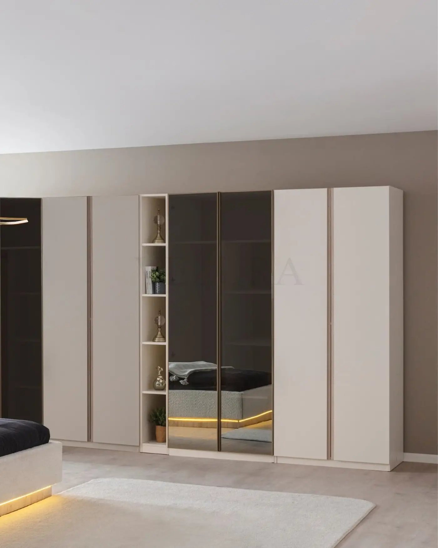 Flora Yatak Odası Takımı – Beyaz gövde ve traverten kaplama detaylı set