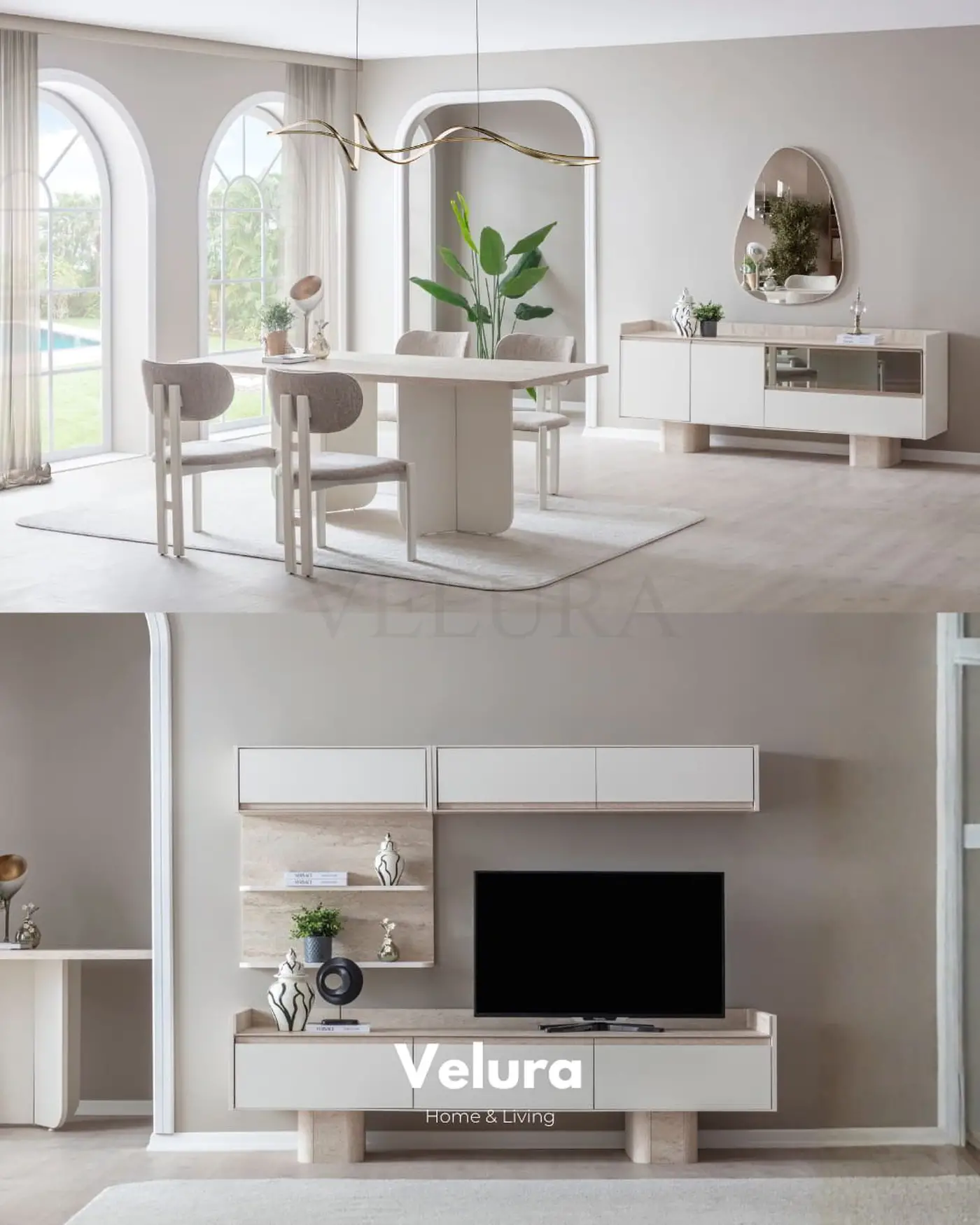 Flora Yemek Odası Takımı – Beyaz & traverten masalı, konsollu ve aynalı modern takım