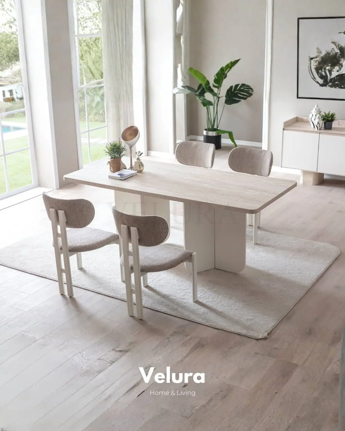 Flora Yemek Odası Takımı – Beyaz & traverten masalı, konsollu ve aynalı modern takım