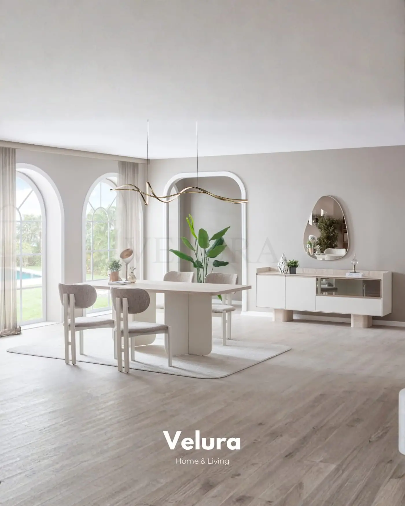 Flora Yemek Odası Takımı – Beyaz & traverten masalı, konsollu ve aynalı modern takım