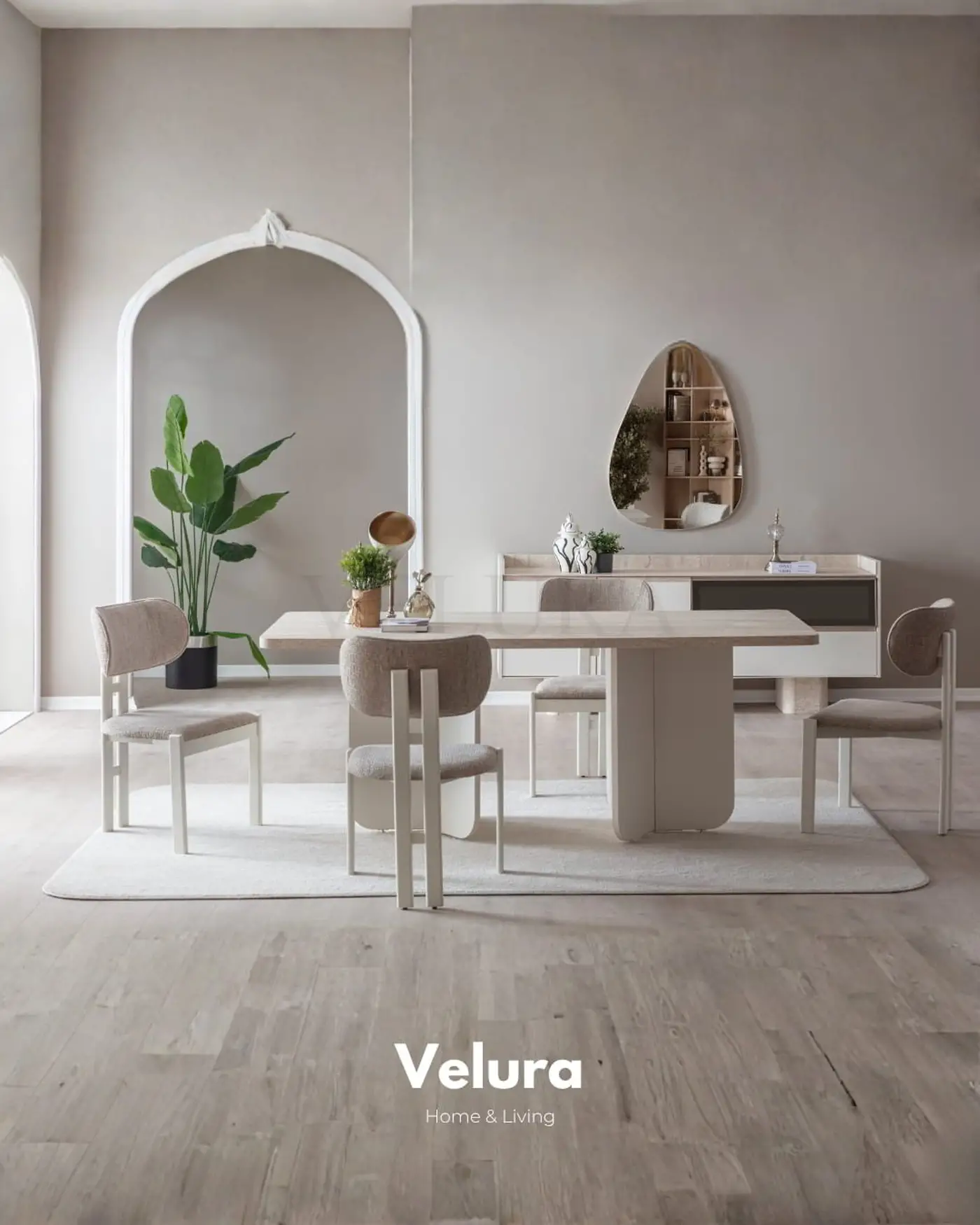 Flora Yemek Odası Takımı – Beyaz & traverten masalı, konsollu ve aynalı modern takım