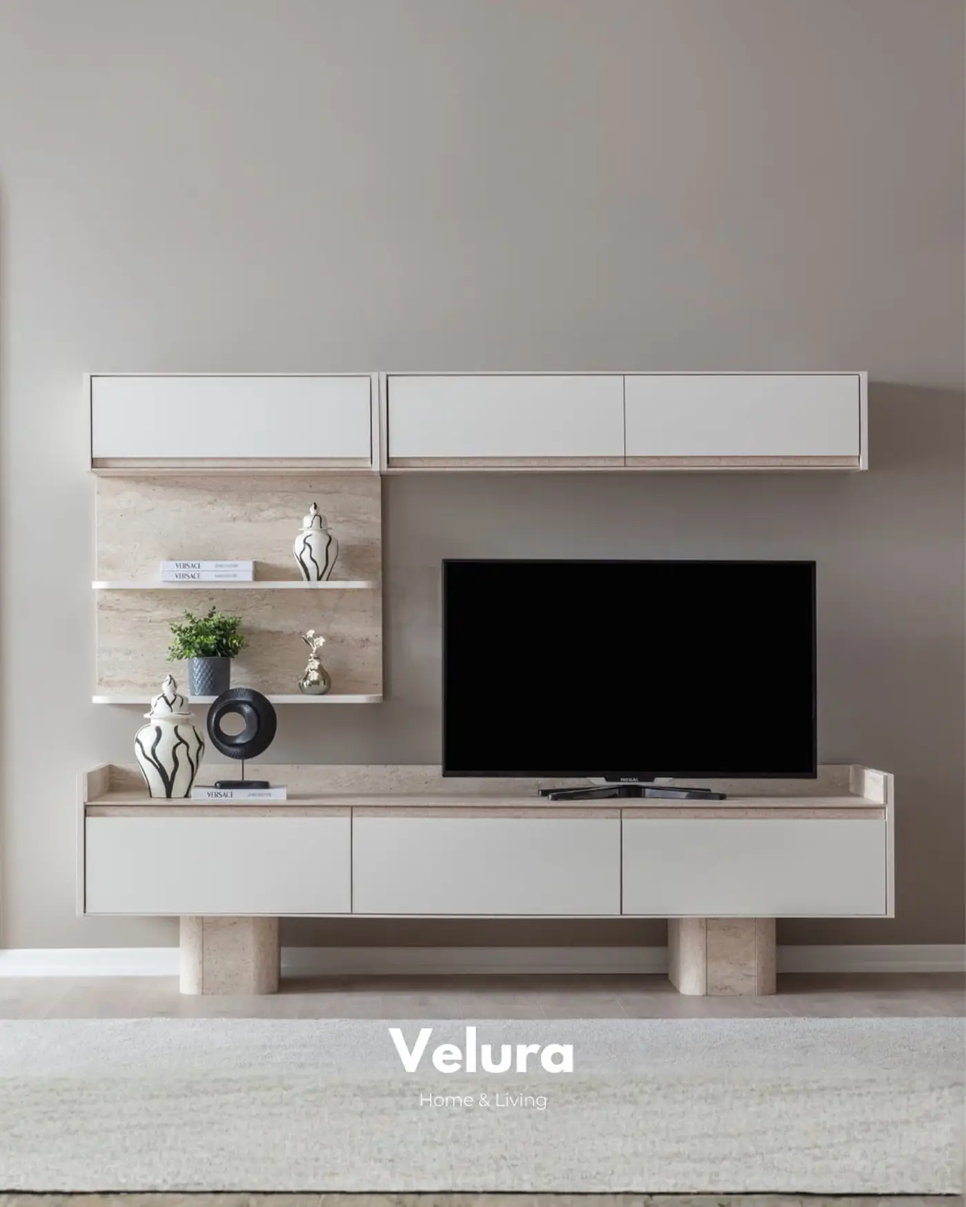 Flora Yemek Odası Takımı – Beyaz & traverten masalı, konsollu ve aynalı modern takım