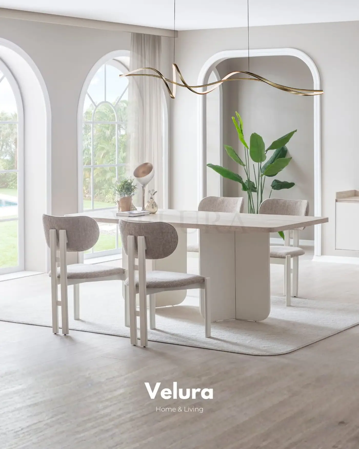 Flora Yemek Masası – Beyaz tabla ve traverten ayak detaylı modern masa