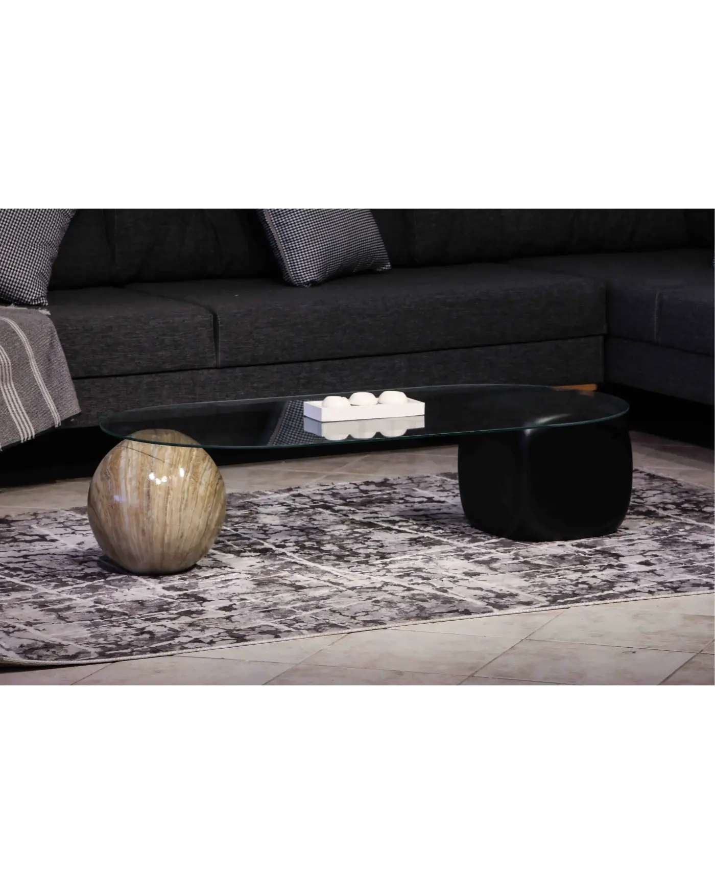 Küre Orta Sehpa - Traverten ve Siyah Zar - Oval Cam Velura Home traverten ve siyah detaylı oval sehpa
