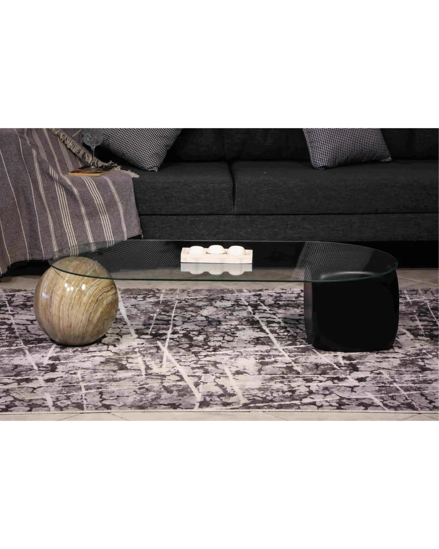 Küre Orta Sehpa - Traverten ve Siyah Zar - Oval Cam Velura Home traverten ve siyah detaylı oval sehpa