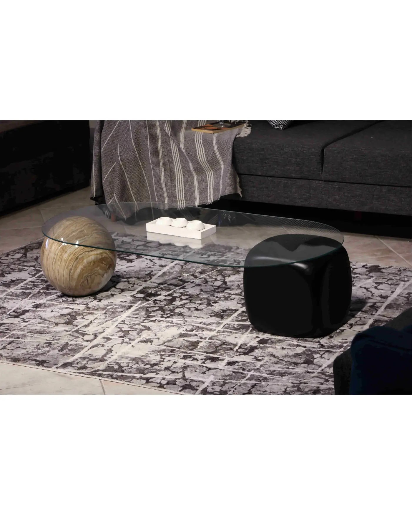 Küre Orta Sehpa - Traverten ve Siyah Zar - Oval Cam Velura Home traverten ve siyah detaylı oval sehpa