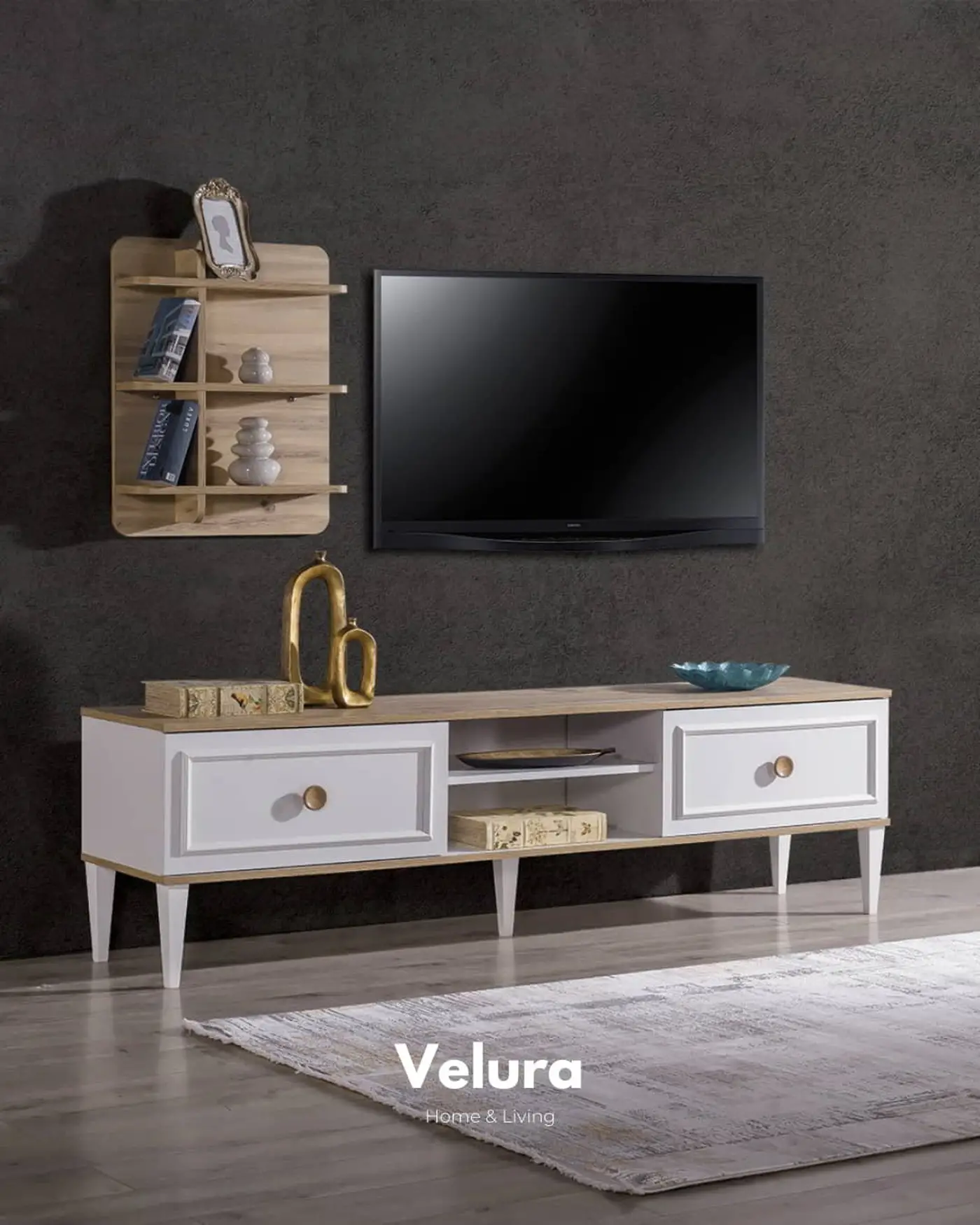 Legna TV Ünitesi beyaz ve ceviz detaylı