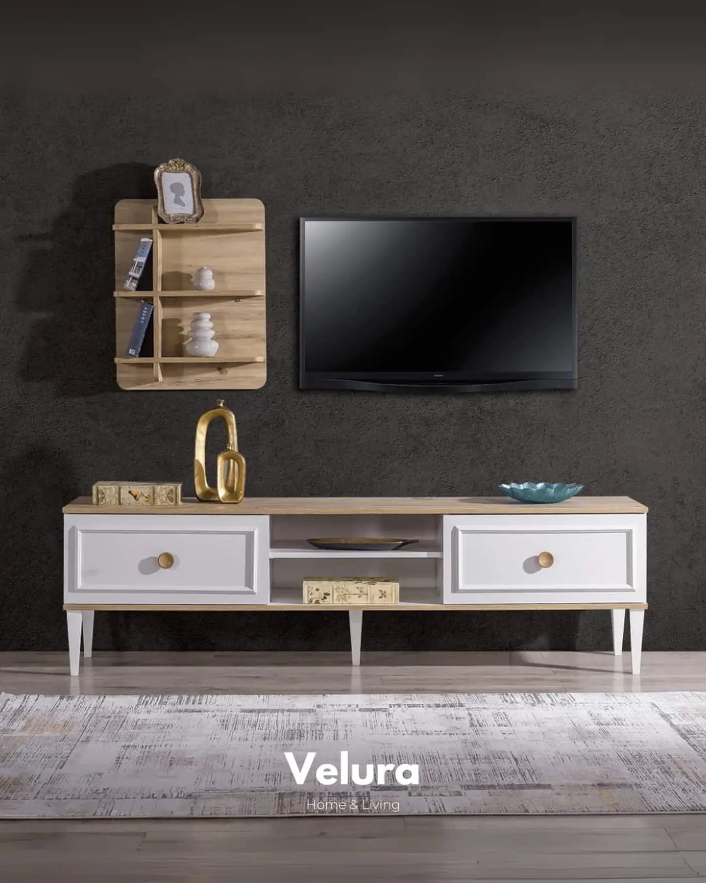 Legna TV Ünitesi beyaz ve ceviz detaylı