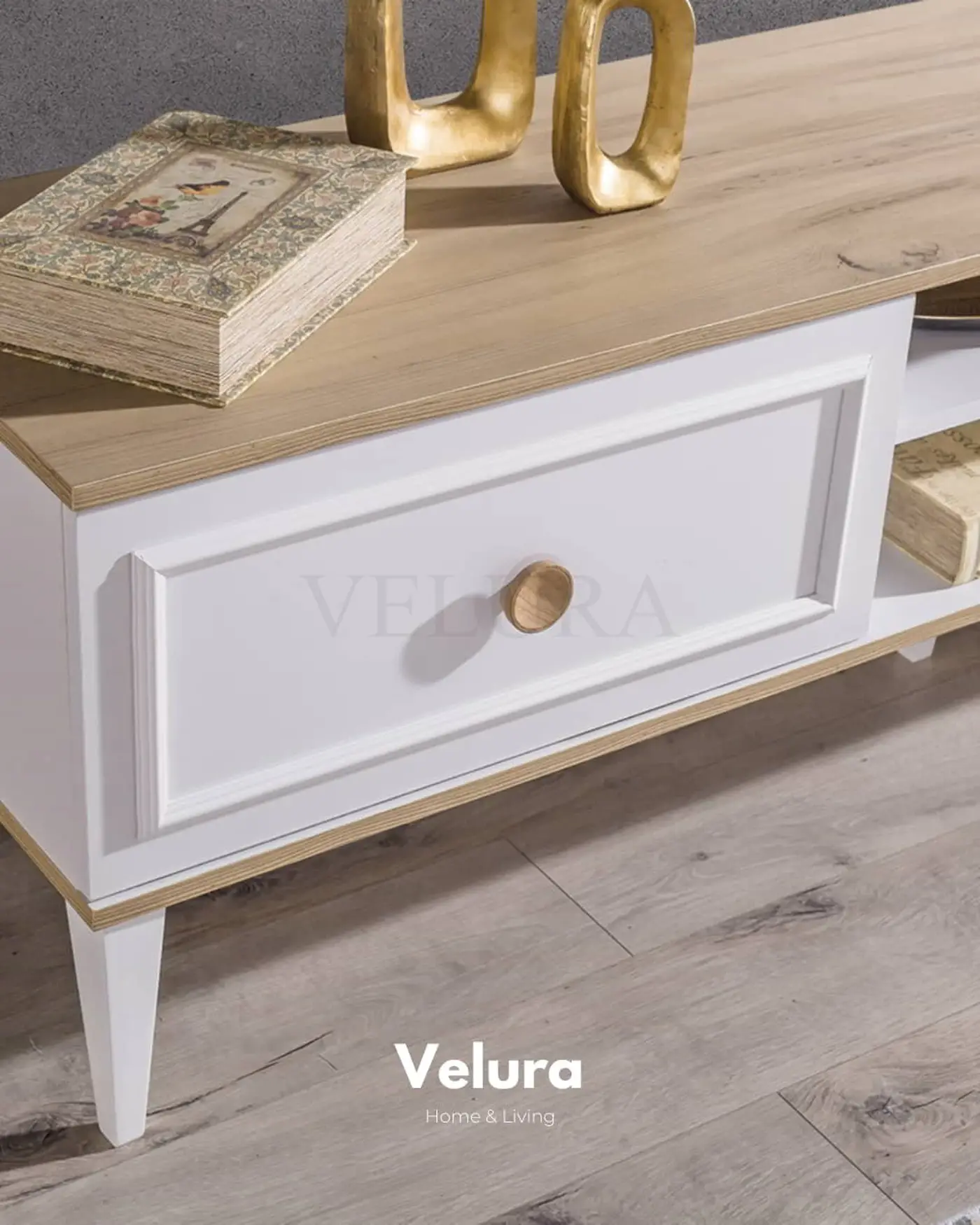 Legna TV Ünitesi beyaz ve ceviz detaylı