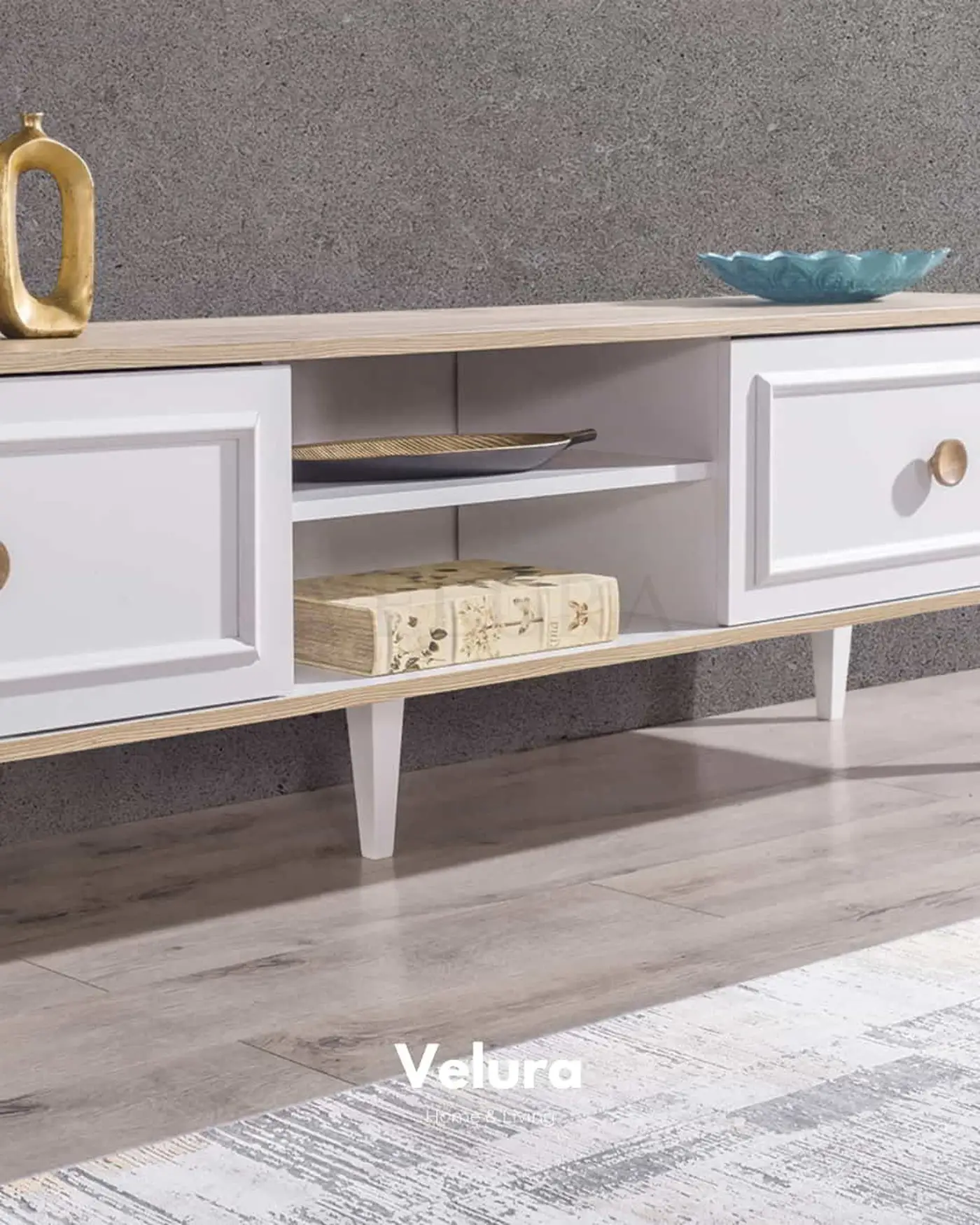 Legna TV Ünitesi beyaz ve ceviz detaylı