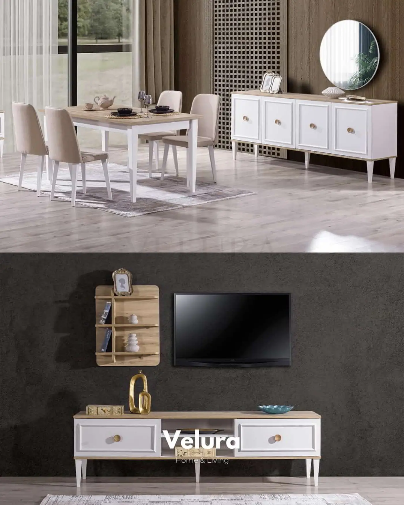 Legna TV Ünitesi beyaz ve ceviz detaylı
