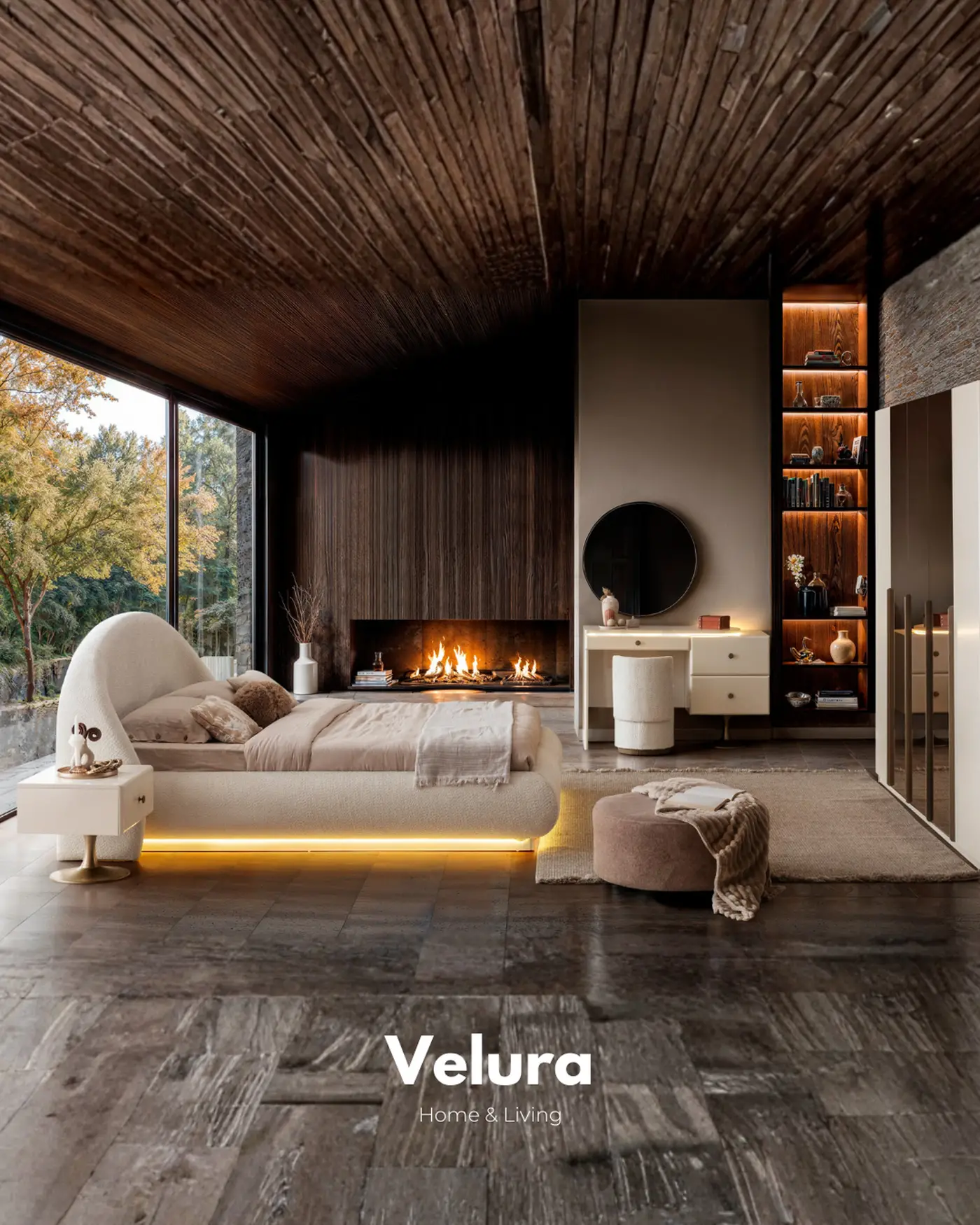 Velura Home Marcel karyola krem modern aydınlatmalı karyola modeli