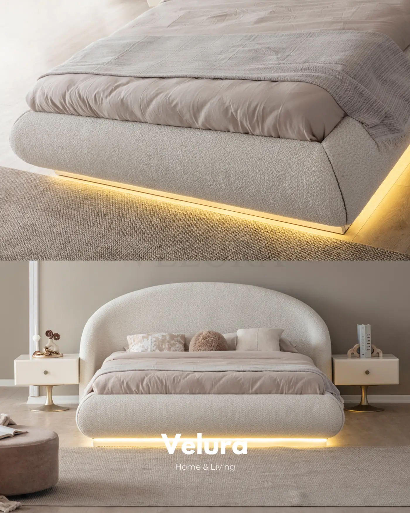 Velura Home Marcel karyola krem modern aydınlatmalı karyola modeli