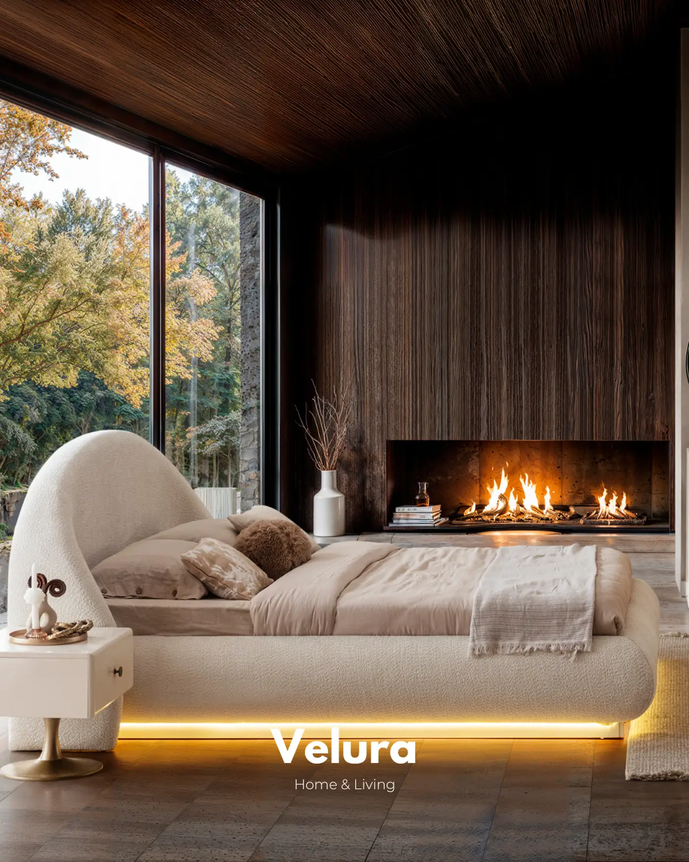 Velura Home Marcel karyola krem modern aydınlatmalı karyola modeli