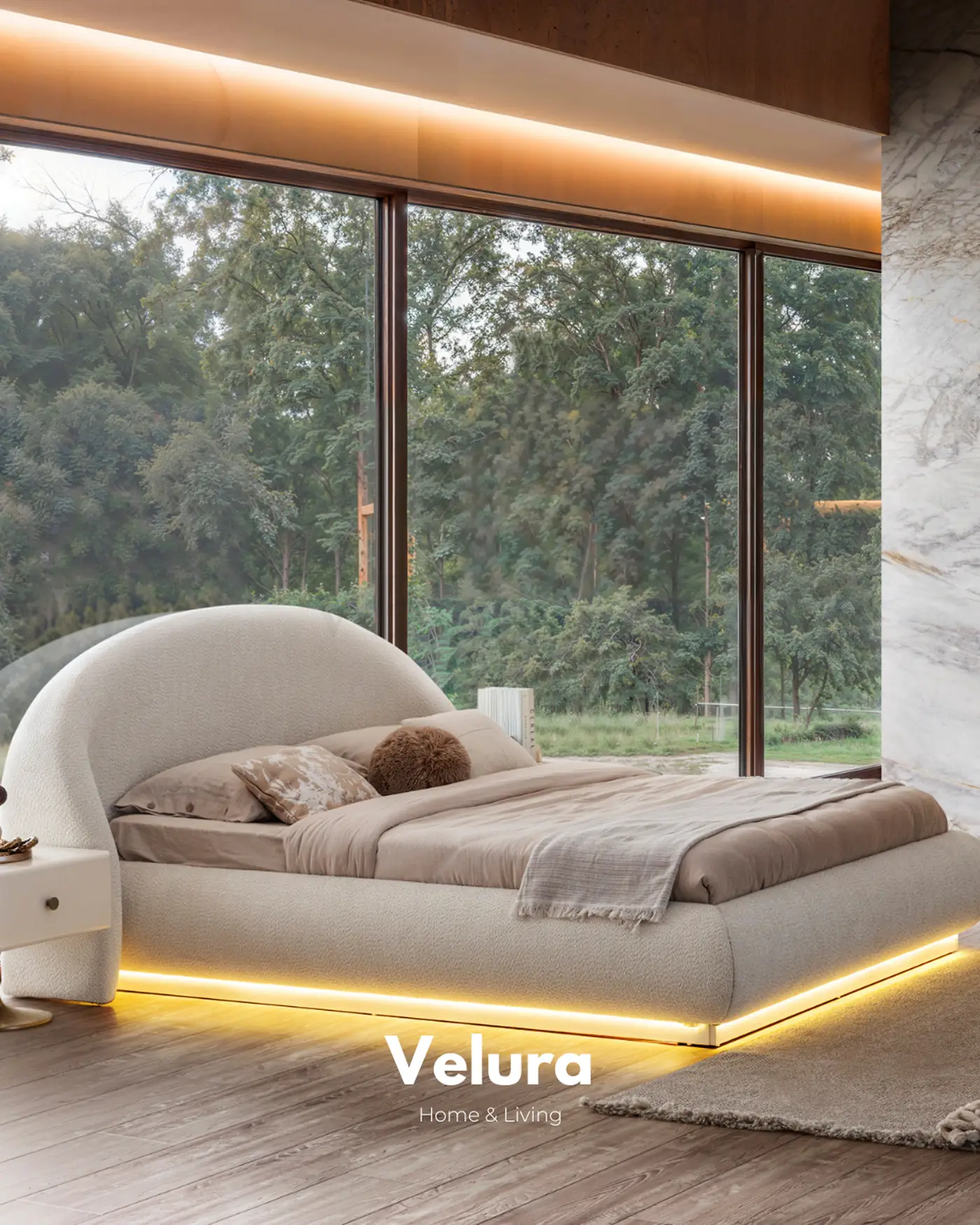 Velura Home Marcel karyola krem modern aydınlatmalı karyola modeli