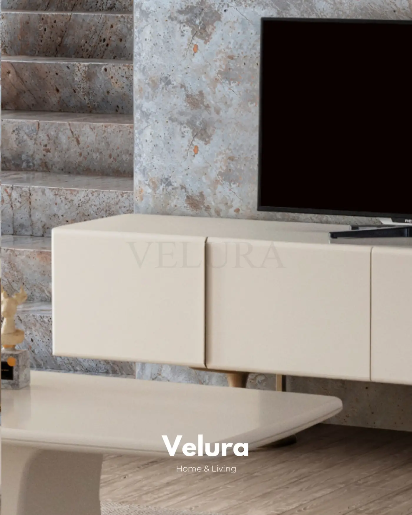 Marcel TV Ünitesi krem modern 200 cm 4 kapaklı suntalam gövde MDF kapak