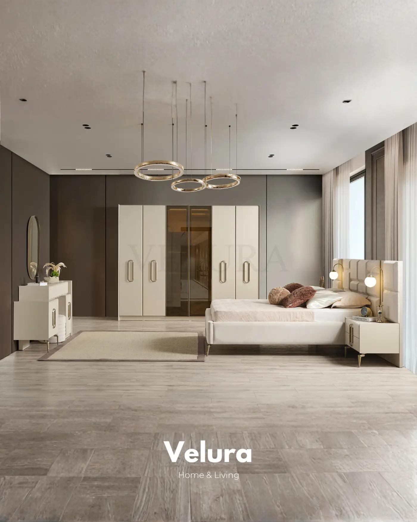 Monaco krem şifonyer 2 çekmece 2 kapak Velura Home yatak odası mobilyası