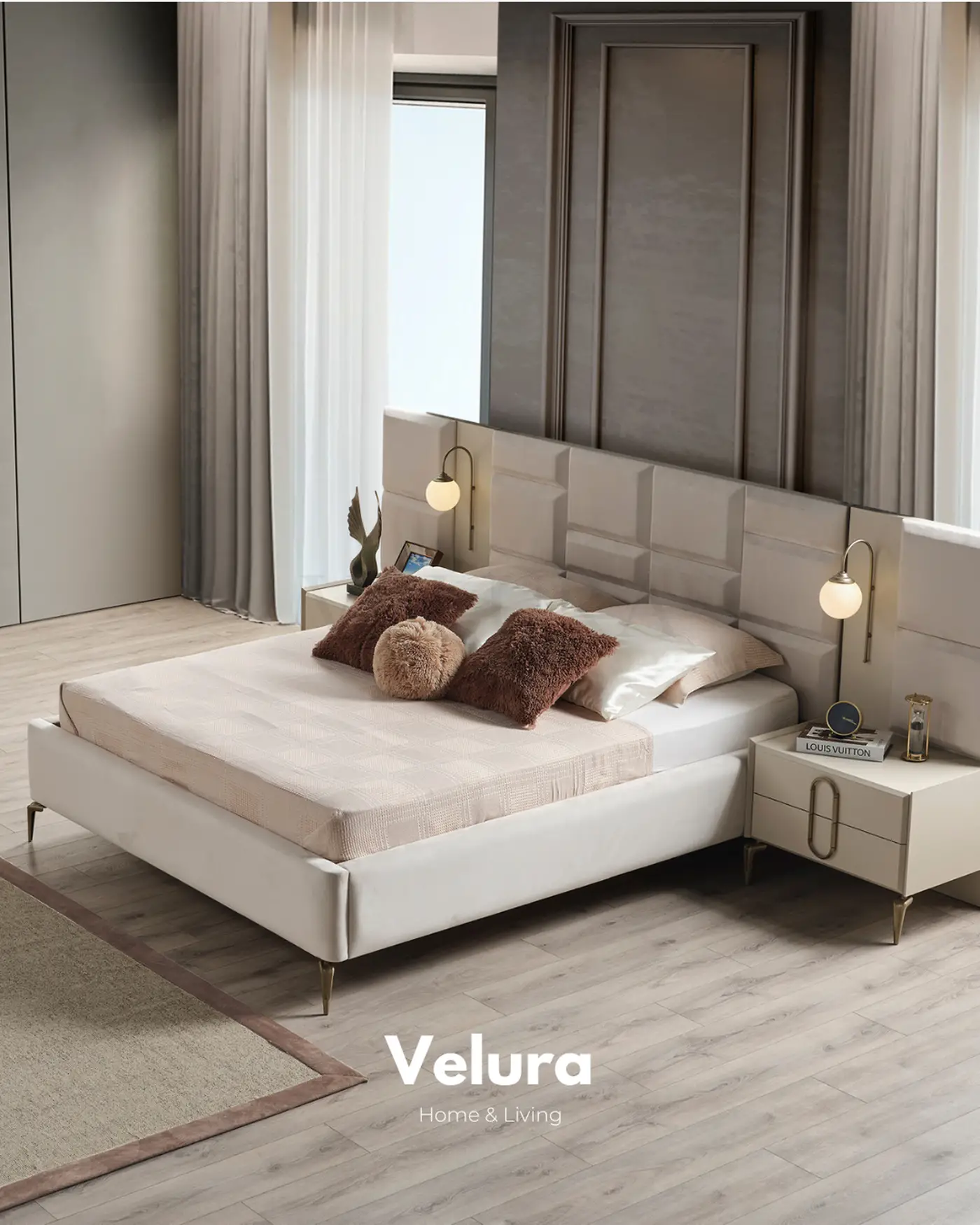 Modern krem Monaco karyola aydınlatmalı yatak başlığı ile şık görünüm