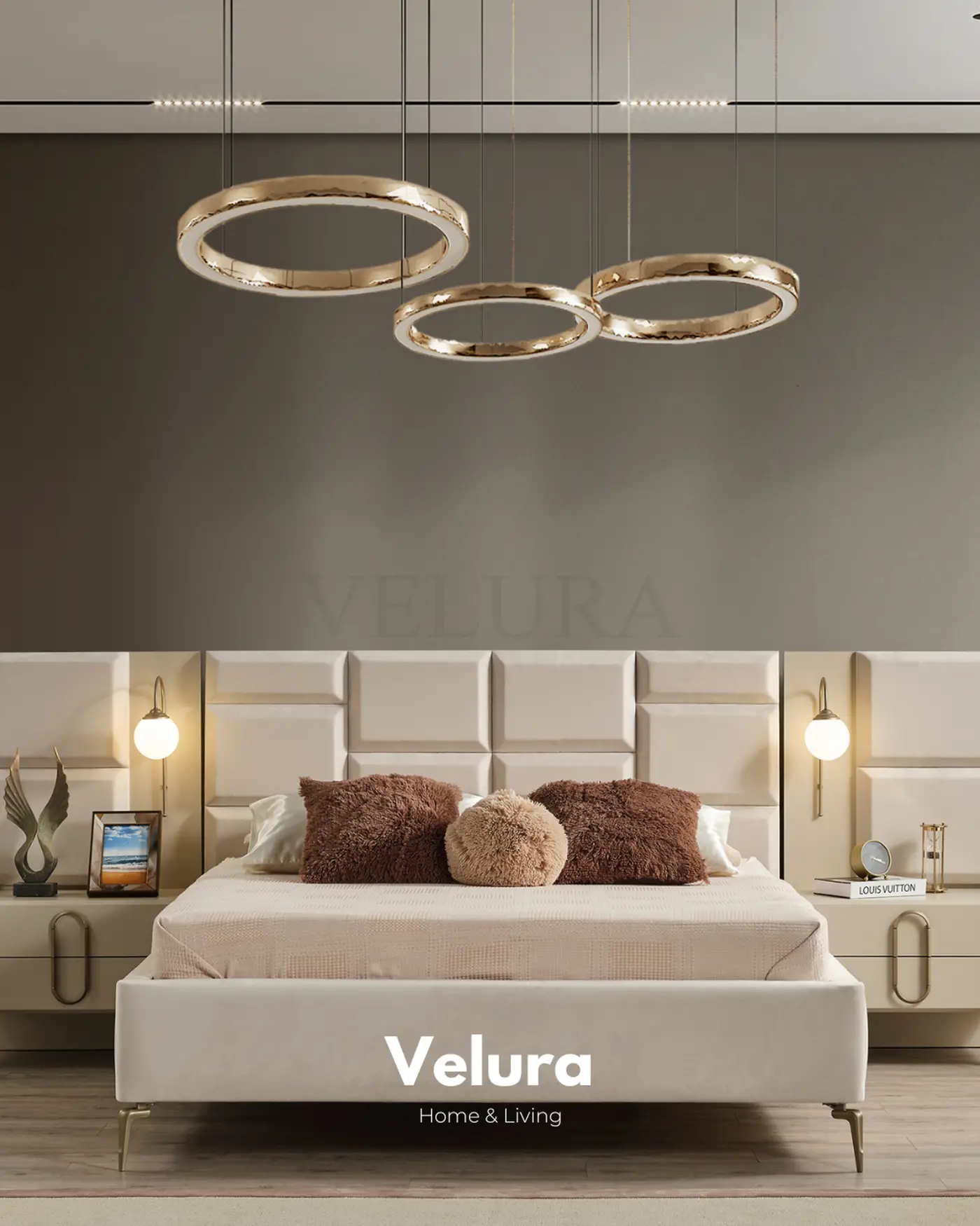Modern krem Monaco karyola aydınlatmalı yatak başlığı ile şık görünüm