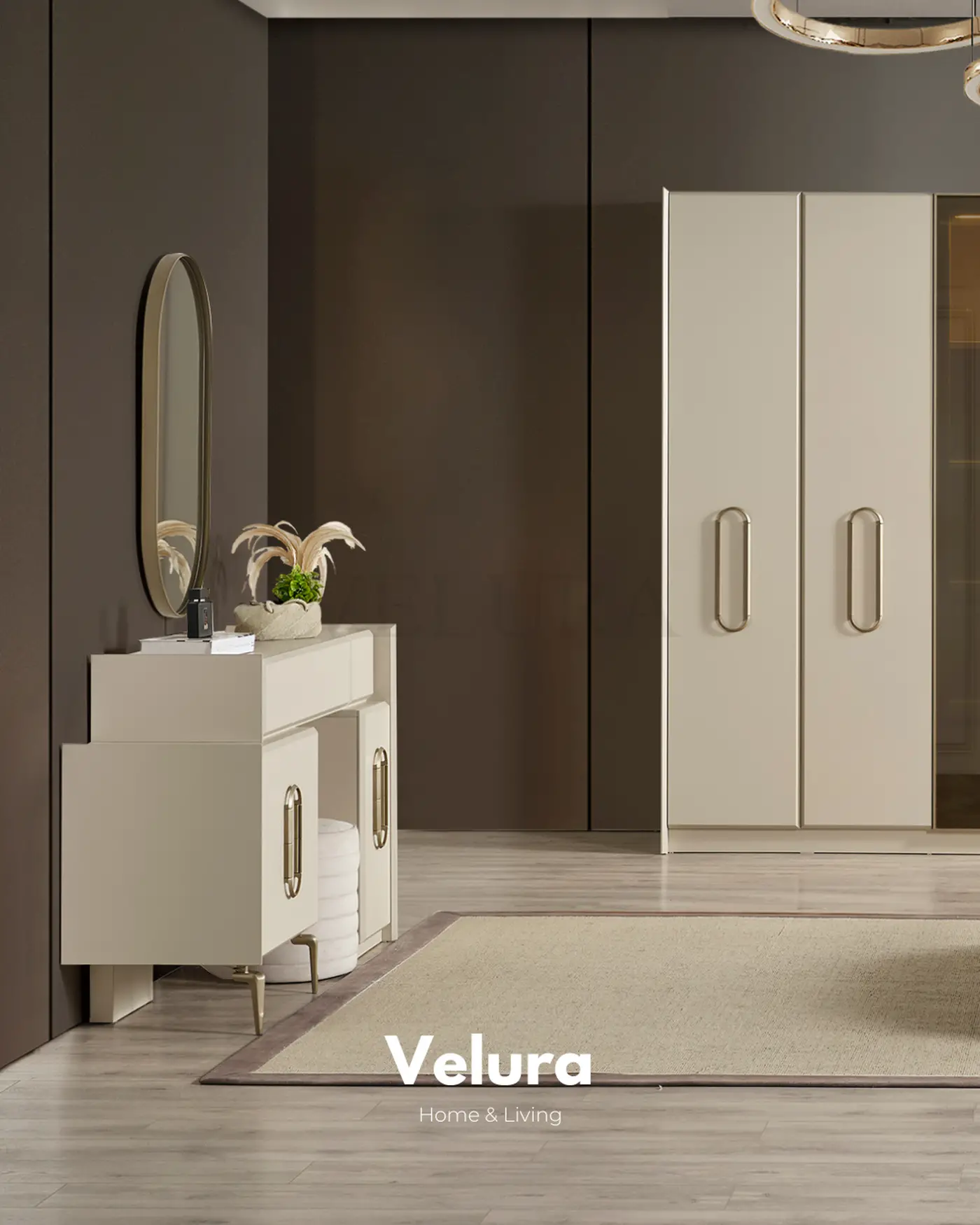 Monaco krem şifonyer 2 çekmece 2 kapak Velura Home yatak odası mobilyası