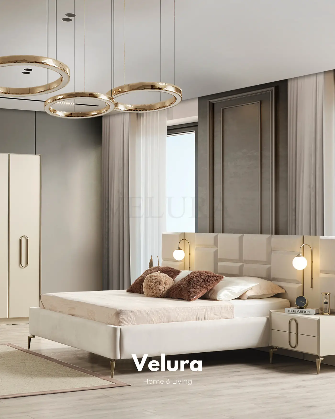 Modern krem Monaco karyola aydınlatmalı yatak başlığı ile şık görünüm