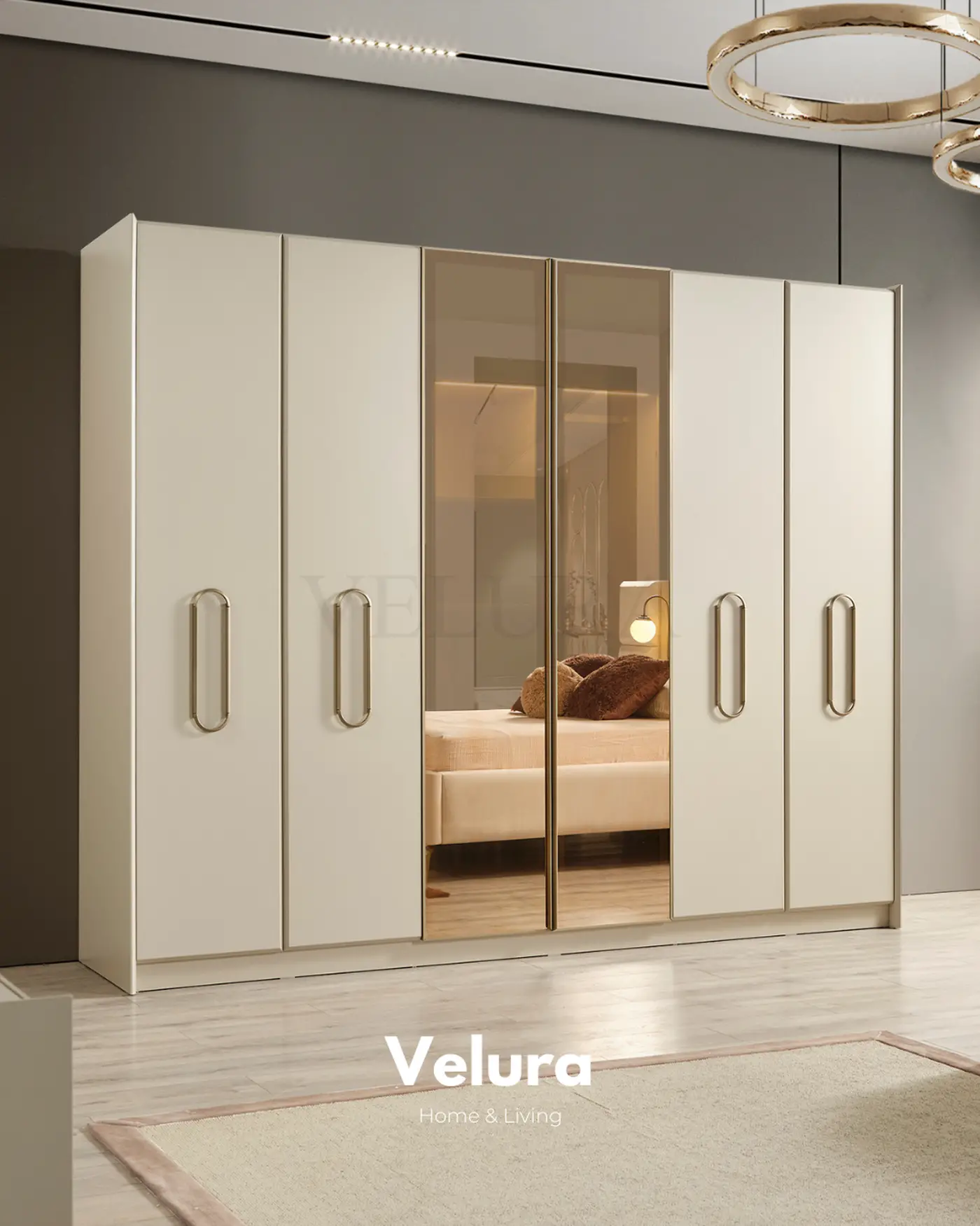 Monaco 6 kapaklı dolap krem modern 260 cm genişlik 65 cm derinlik 217 cm yükseklik