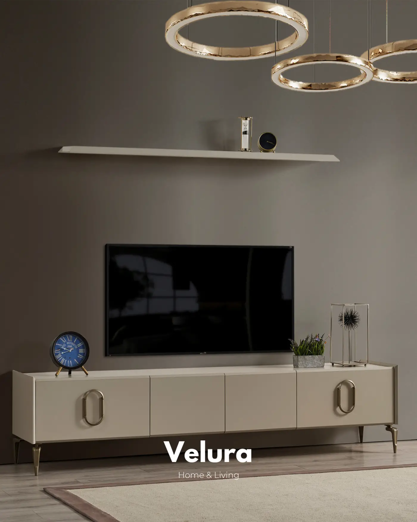 Monaco TV Ünitesi krem modern 212 cm alt blok 2 çekmeceli 2 kapaklı