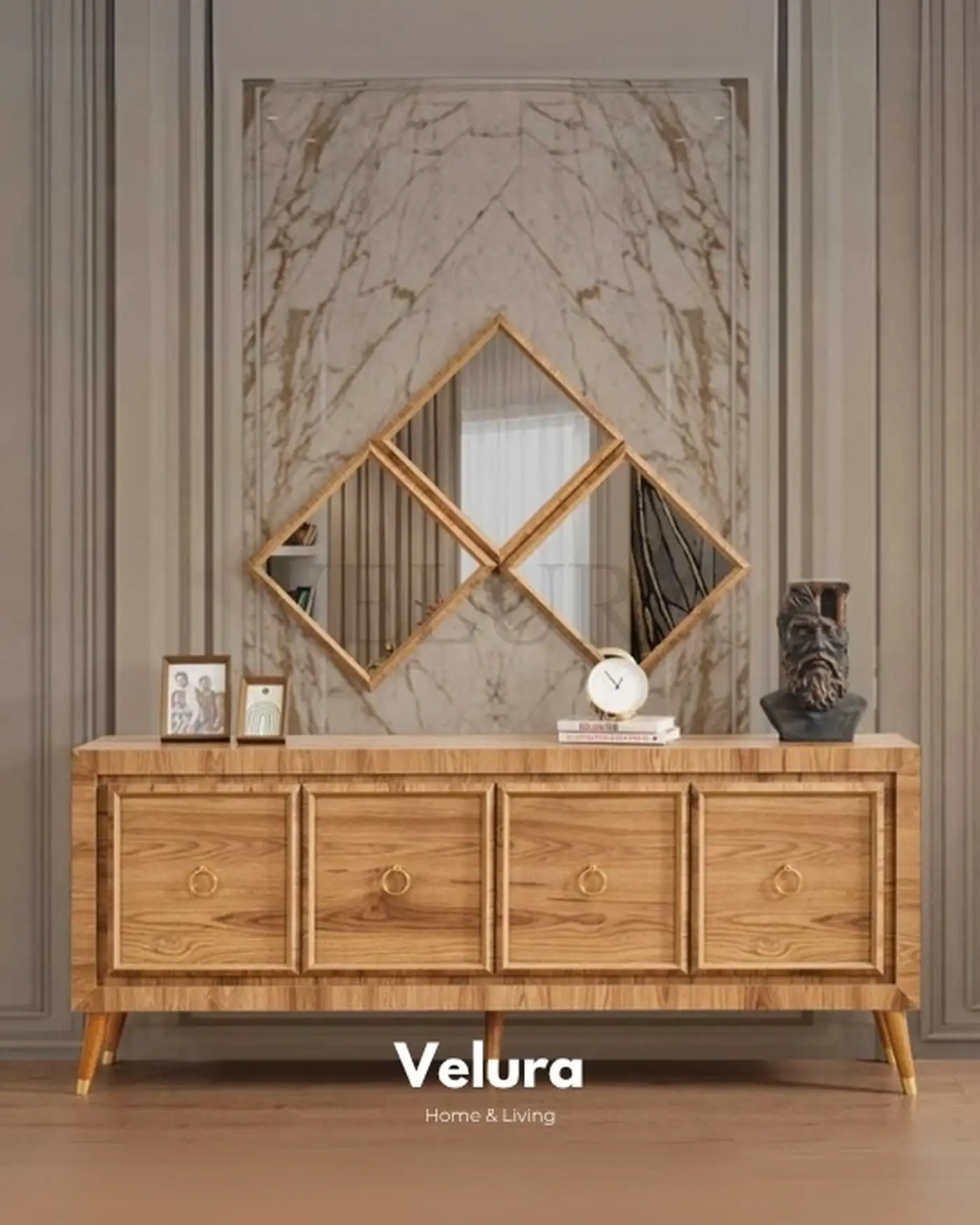 Velura Home Pablo Serisi Modern Konsol Modeli Gold Detaylı Yerden Yüksek Konsol Tasarımı