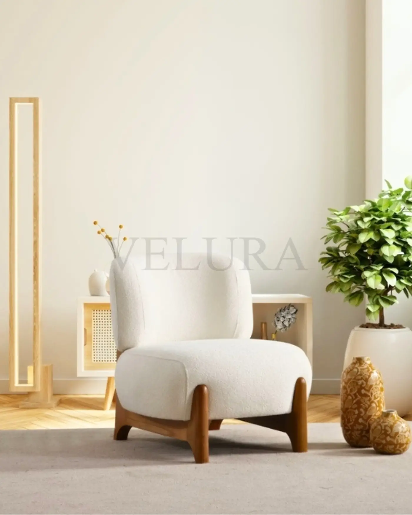 Modern Kolsuz Ceviz Renk Ayaklı Berjer Velura Home ahşap kasalı krem berjer modeli